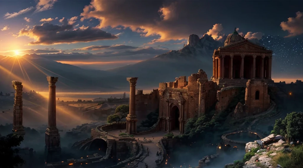 an ancient city, a vast empire of the past, sunset, epic, cinematic, golden hour