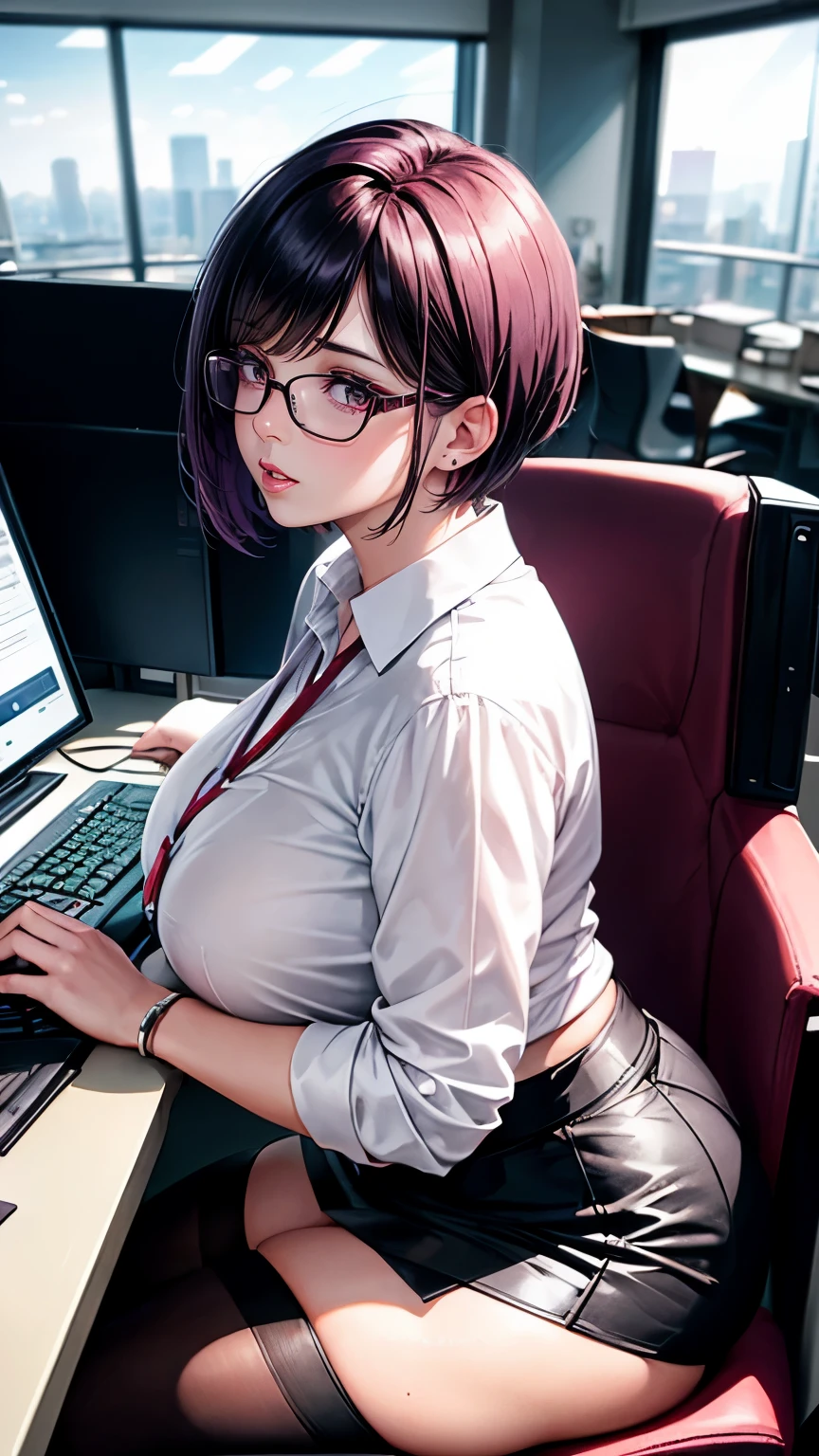 purple short hair Glasses white blouse black tight skirt stockings (lanyard id card) 50 years old red rouge plump lips round face Plump back view turn around (eyecontact) Sitting at a computer desk in an office in a high-rise building sunset A talented female secretary who gives advice