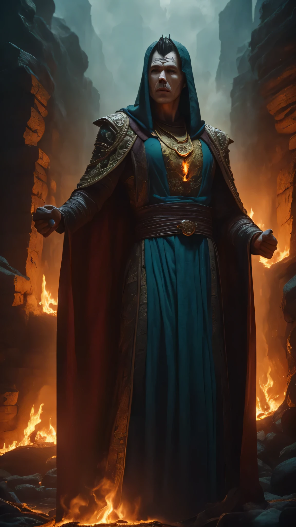 Aidan Gillen as Shinnok from Mortal Kombat, 1man, solo, ((mummy)), (((maroon hennin))), (((pale white skin))), (dark turquoise robe with intricate golden patterns), (amulet), a river of burning lava, burned bones lying everywhere, intricate, high detail, sharp focus, dramatic, photorealistic painting art by greg rutkowski