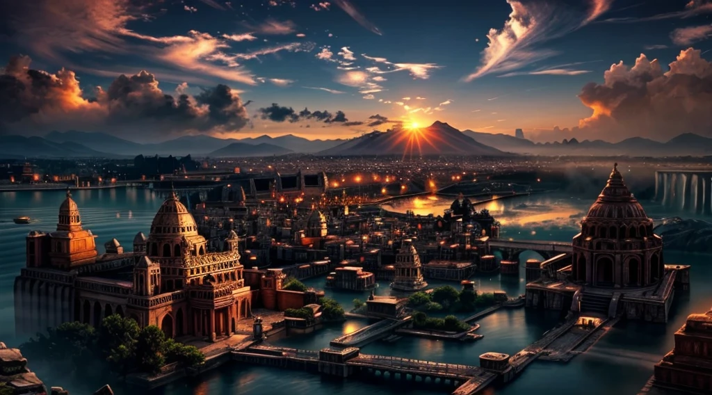 an ancient city, a vast empire of the past, sunset, epic, cinematic, golden hour