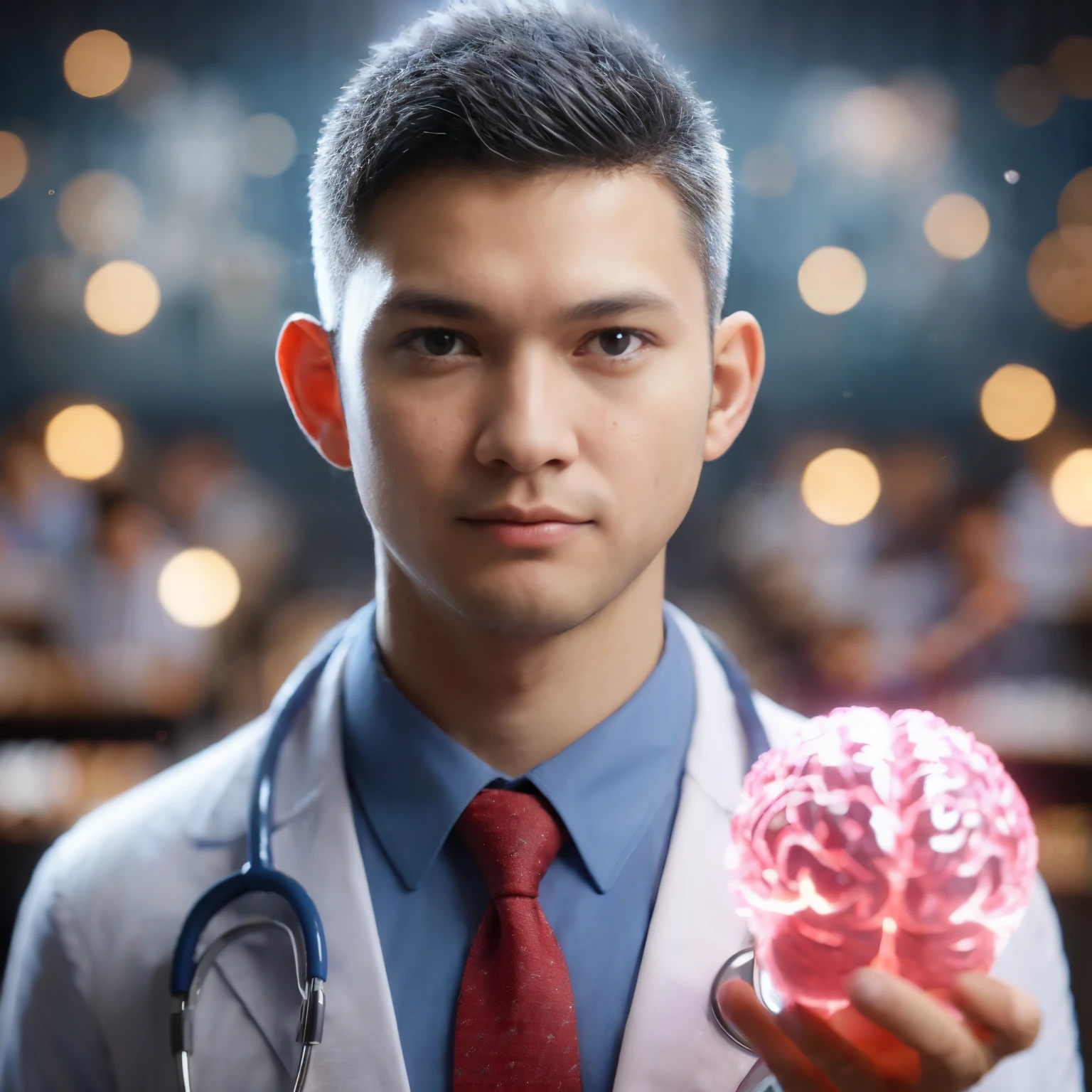 solo, looking at viewer, shirt, black hair, 1boy, upper body, flower, male focus, heart, necktie, collared shirt, blurry, black eyes, blurry background, formal, suit, blue shirt, red necktie, realistic, labcoat, stethoscope, doctor, realistic skin.