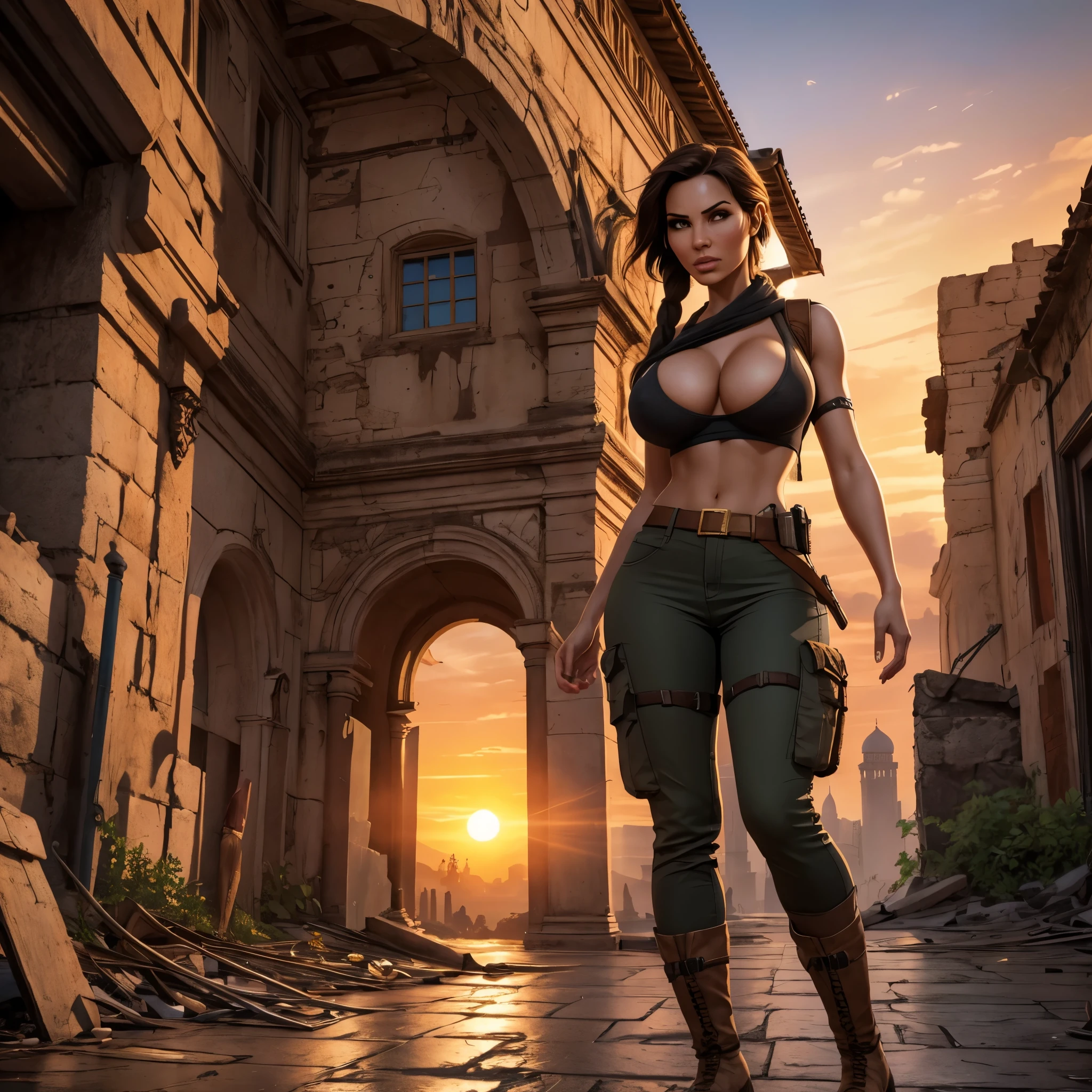 (a beautiful detailed illustration of) a sexy busty Malaysian Lara Croft wearing a hijab and a sexy explorer outfit, investigating an ancient Gold City at sunset, with a panoramic view of the city in the background. The city is adorned with intricate gold architecture, towering buildings, and winding streets. The setting sun casts a warm golden glow over the scene, creating a mesmerizing atmosphere. The focus is on Lara Croft, showing her from head to toe. She has captivating eyes that are sharp and filled with determination. Her lips are perfectly defined, adding a touch of sensuality to her appearance. Her face is flawlessly detailed, with every contour and expression expertly rendered. Her eyes are accentuated with long eyelashes that flutter with every movement. Lara Croft is wearing a hijab, symbolizing her cultural heritage and adding a unique element to her character. Her explorer outfit is fashionable and functional, consisting of a form-fitting top, cargo pants with plenty of pockets, and sturdy boots suitable for rugged terrains. As Lara explores the ancient Gold City, she encounters giant snakes slithering through the ruins. These serpents are magnificent in size, winding their way through the crumbling structures, adding an element of danger and adventure to the scene. Their scales are depicted with incredible detail, shimmering in various shades of gold and copper in the sunset light. The overall image quality is of the highest standard, with ultra-detailed artwork that captures every intricate detail of Lara, the Gold City, and the giant snakes. The rendering is photorealistic, bringing the scene to life with vivid colors and a sharp focus. The lighting is designed to create a dramatic atmosphere, showcasing the beauty and mystery of Lara's exploration.