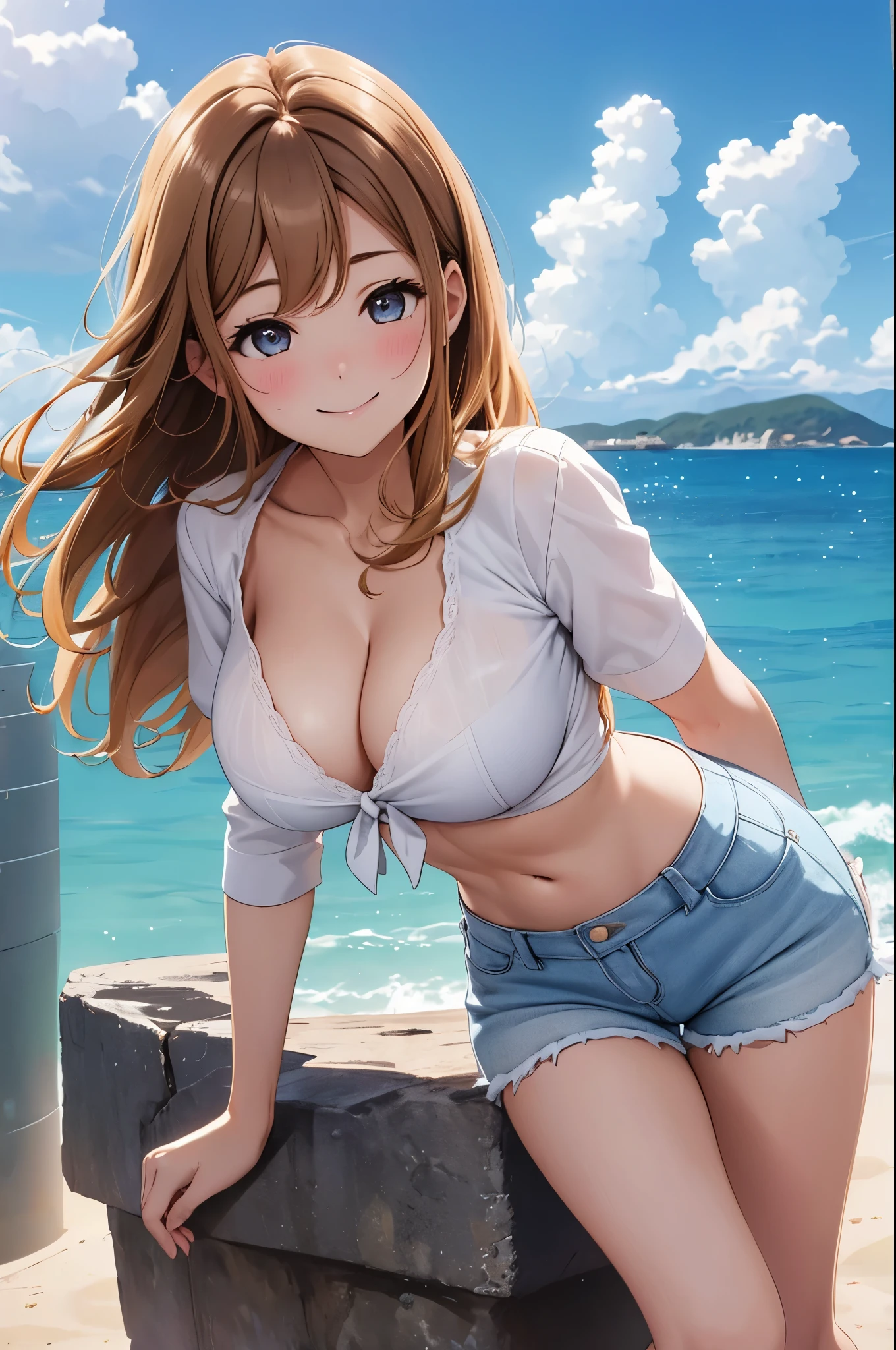 (best quality,4k,8k,highres,masterpiece:1.2), ultra-detailed, Kunikida Hanamaru, breasts, looking at viewer, blush, smile, bangs, shirt, dolphin shorts, navel, cleavage, big breasts, standing, collarbone, white shirt, short_sleeves, thighs, sky, day, midriff, cloud, blue_sky, leaning forward, one side up, arms behind back