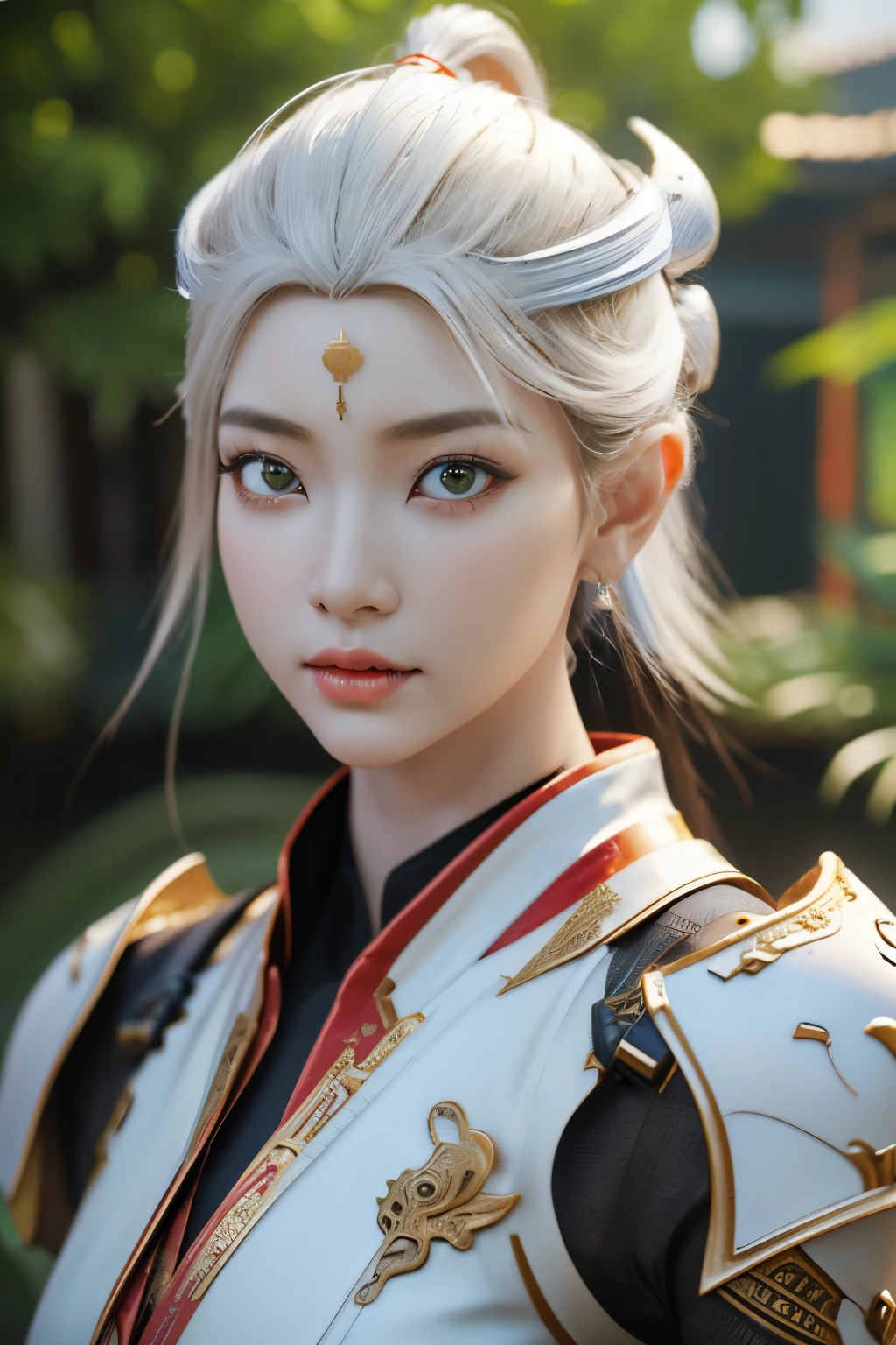 Game art,The best picture quality,Highest resolution,8K,(A bust photograph),(Portrait),(Head close-up:1.5),(Rule of thirds),Unreal Engine 5 rendering works, (The Girl of the Future),(Female Warrior), 22岁少女,(Female hackers),(White,Ancient Oriental hairstyle),((The pupils of the red eyes:1.3)),(A beautiful eye full of detail),(Big breasts),(Eye shadow),优雅迷人,冷漠,((Anger)),(Cyberpunk jacket full of futuristic look,Joint Armor,There are exquisite Chinese patterns on the clothes,A flash of jewellery),赛博朋克人物,未来风格, 拍照姿势,城市背景,Movie lights,Ray tracing,Game CG,((3D Unreal Engine)),oc渲染反射纹