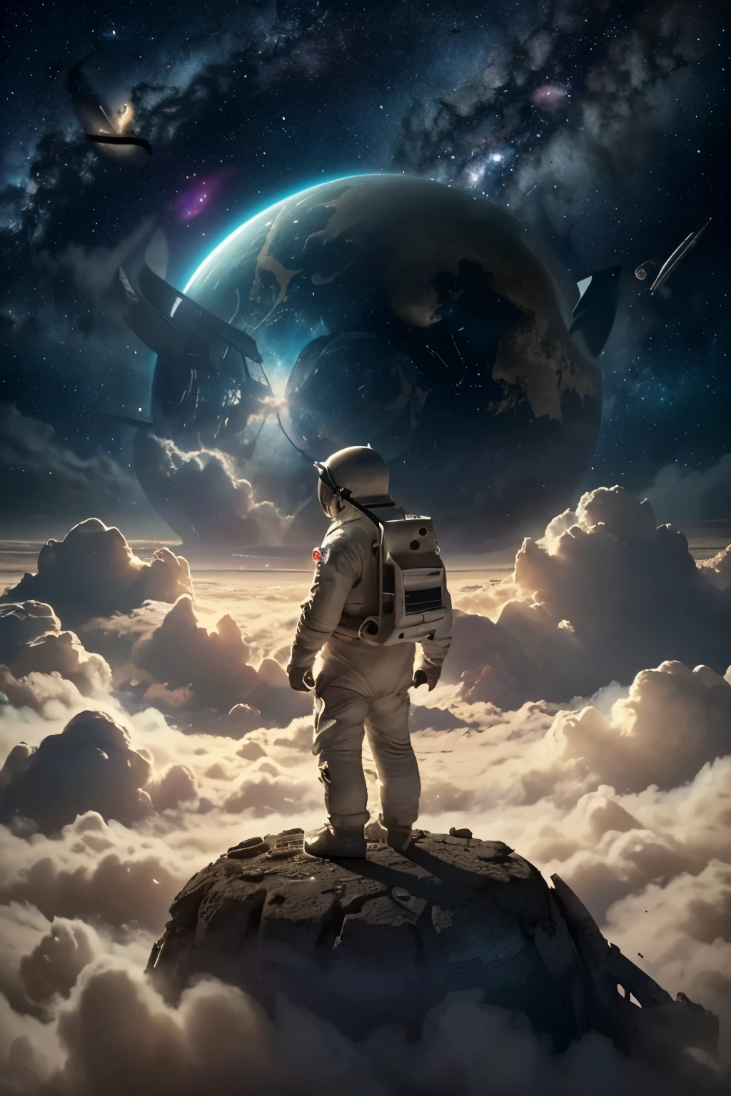 astronaut walking around the planet (( planet enveloped in celestial clouds that exhibit various colors and patterns ))These clouds are composed of unique gases and particles that give the planet an otherworldly appearance ((reside within the celestial clouds)) (Celestial cities float within the clouds)distant starry sky),(hauntingly beautiful),(dreamlike imagery),(epic scale),(awe-inspiring),(scientific discovery(ruins of an advanced civilization),(isolated and abandoned),(astronaut explorers)