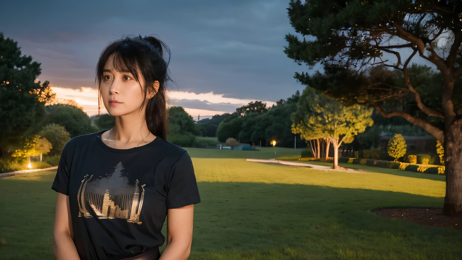 8k, best quality, masterpiece, Very detailed, semi-realistic, a girl, a girl, 55 years old, Look at the hand, Dark brown bangs long hair, ponytail, black eyes, Casual T-shirt, black pants,, gold details, lose weight, cold expression, , outdoor, garden, There are many trees and dark sky