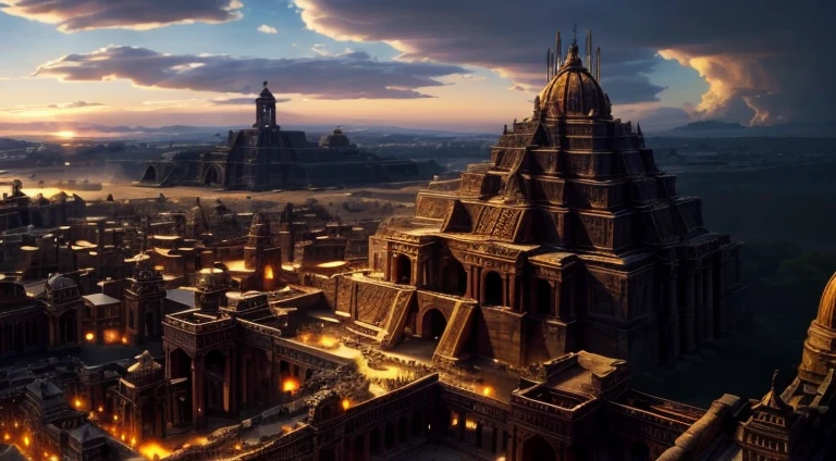 golden hour, an ancient city, a vast empire of the past, sunset, epic, cinematic,(best quality,4k,8k,highres,masterpiece:1.2),ultra-detailed,(realistic,photorealistic,photo-realistic:1.37),architectural marvels, majestic structures, crumbling ruins, bustling streets, vibrant markets, intricate carvings, grand palaces, imposing temples, mysterious alleyways, ancient rituals, time-worn cobblestones, golden hues, dramatic lighting, sweeping panoramas, regal statues, ornate fountains, soaring arches, intricate mosaics, magnificent archaic artifacts, legendary tales, forgotten legends, cultural heritage.