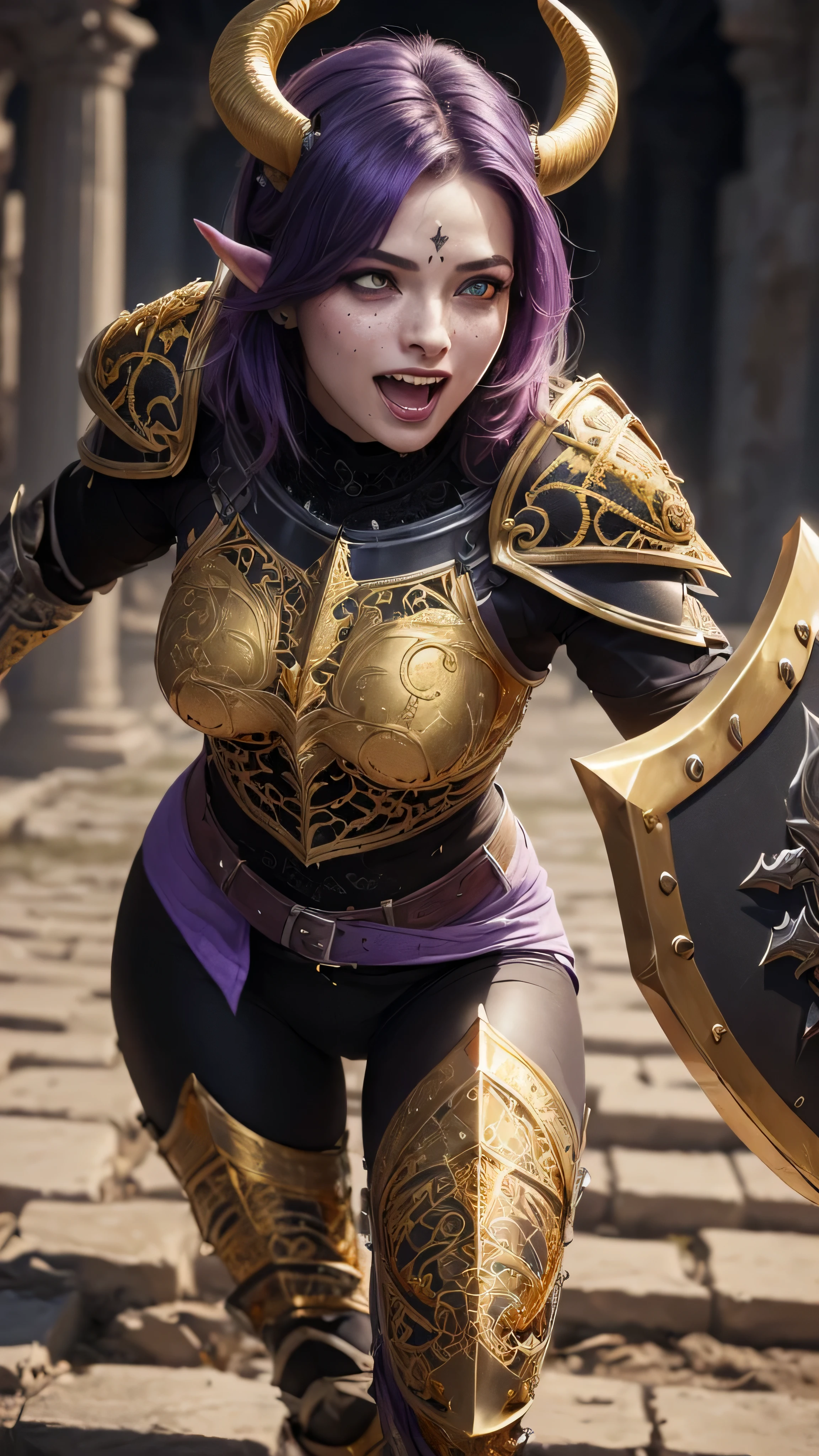 ((best quality: 1.5)) ((masterpiece: 0.8)), intricate details, sharp focus, professional, real life, realistic representation of the face, dim volumetric lighting, dynamic pose, in the style of realistic and hyper detailed renderings BREAK ((((detailed female purple skin draenei, (blackout gothic eye makeup, black ram horns, muscular, full knight armor, modest), lavender gold eye, purple hair, ancient ruins, laughing, running, dynamic running), black gold paladin heavy armor, breastplate)), freckles: 1.3), photorealistic, hyper-realistic, 8K