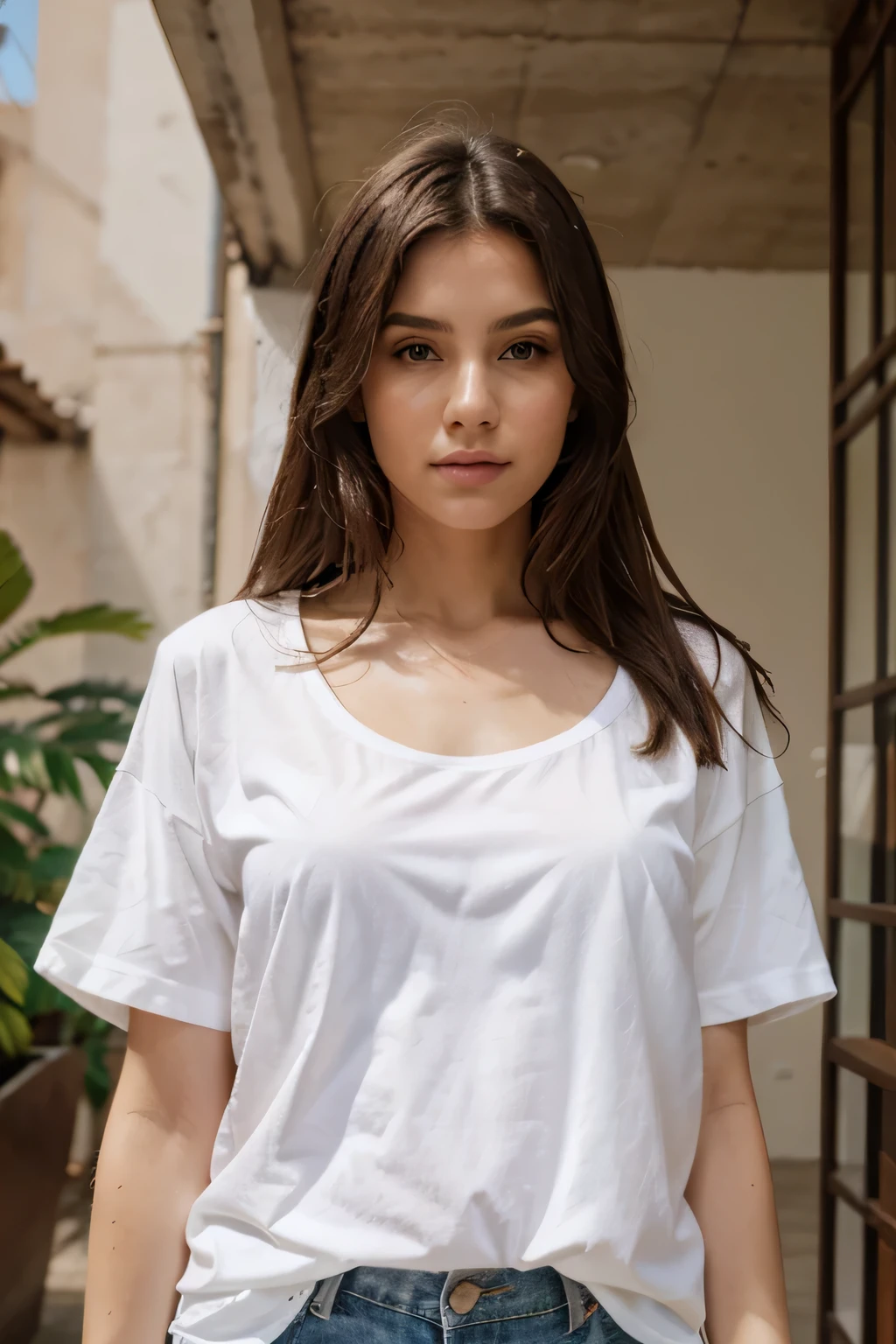 con una blusa blanca