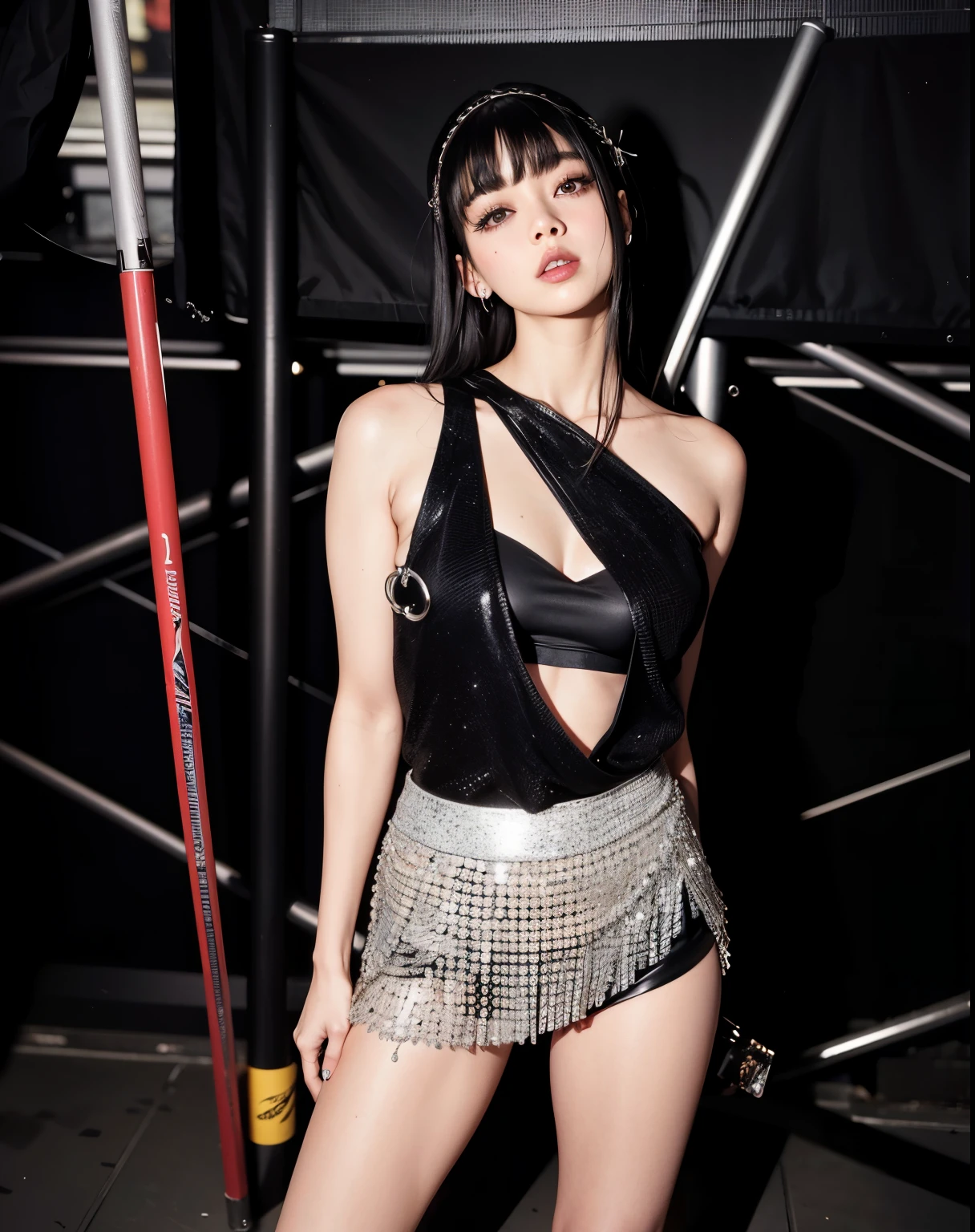 araffed woman in a black top and silver skirt posing for a picture, lalisa manobal, lalisa manoban of blackpink, blackpink jennie, charli xcx, she has black hair with bangs, glossy magazine photoshoot, with full bangs, roseanne park of blackpink, with bangs, bae suzy, jia, jossi of blackpink, gongbi