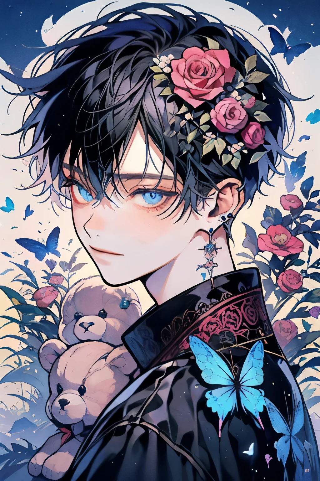 (muste piece), (best quality), very detailed, 1 boy, solo focus,perfect face, beautiful face, very detailed顔,(black hair:1.3),(blue eyes:1.3),flower,butterfly々,flowerびら,Light,smile,long eyelashes