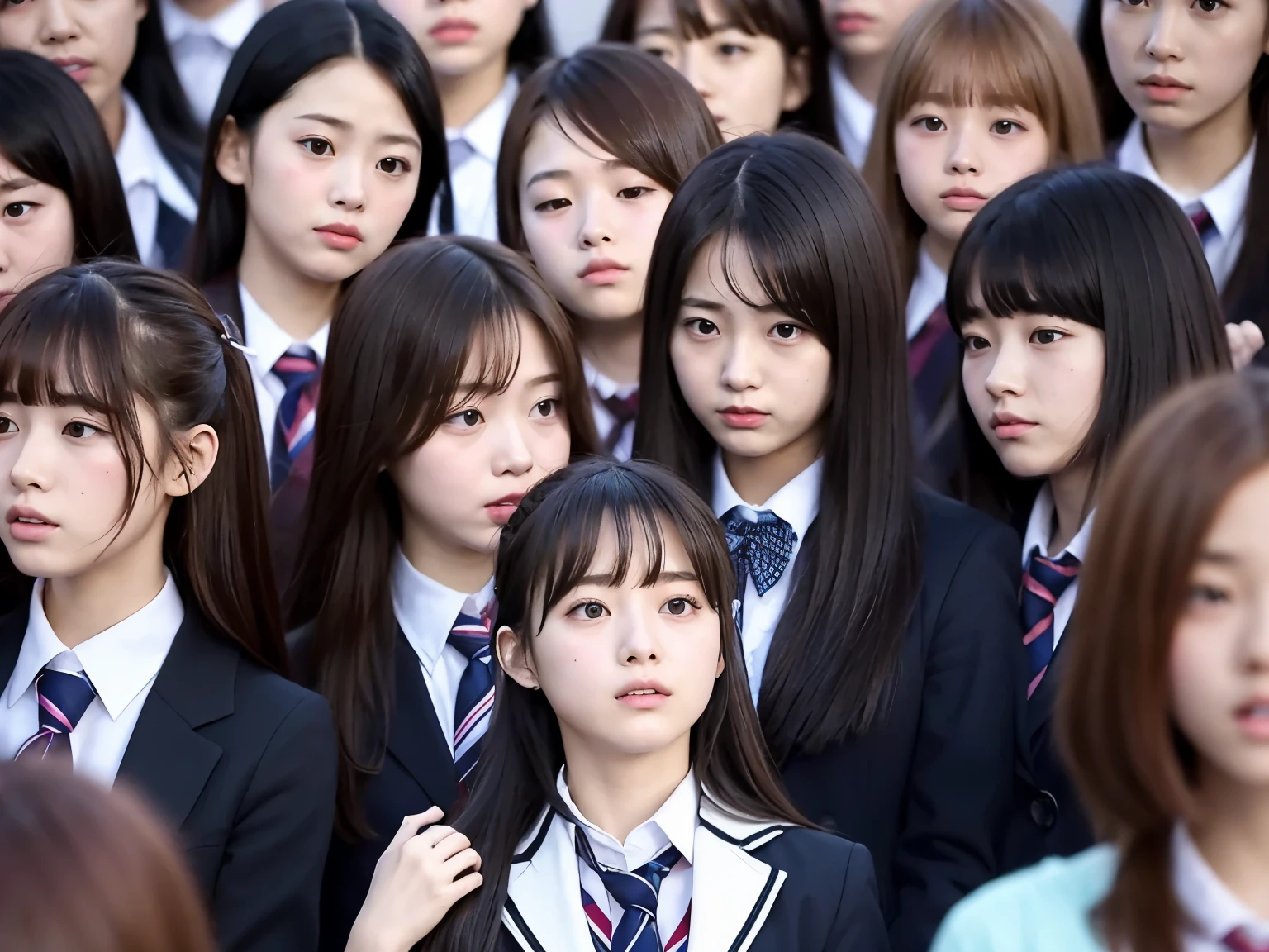 Super high quality、realistic、1000 high school girls Japanese high school girl Group photo crowd of high school girls Surrounded by many high school girls Being looked down upon by many high school girls One man is surrounded by thousands of schoolgirls One man is being attacked by a large group of high school girls Thousands of schoolgirls,1000 high school girls、Thousands of schoolgirls are watching us、super detailed、realistic、女子高生でいっぱいのfull house電車、Many schoolgirls are messing with one guy、full house、Tens of thousands of schoolgirls Many schoolgirls look down on me angle from below 10000 schoolgirls in blazers