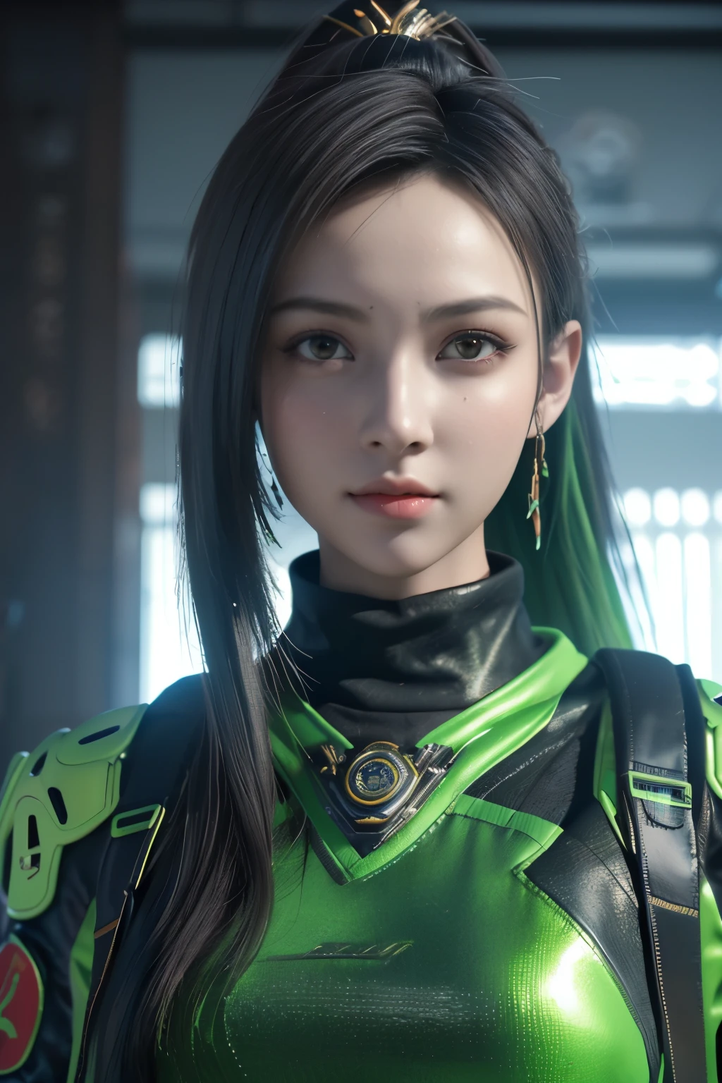 Game art，The best picture quality，Highest resolution，8K，(A bust photograph)，(Portrait)，(Head close-up:1.5)，(Rule of thirds)，Unreal Engine 5 rendering works， (The Girl of the Future)，(Female Warrior)， 22岁少女，(Female hackers)，(Dark green gradient，Ancient Oriental hairstyle)，((The pupils of the red eyes:1.3))，(A beautiful eye full of detail)，(Big breasts)，(Eye shadow)，优雅迷人，冷漠，((Anger))，(Cyberpunk jacket full of futuristic look，Joint Armor，There are exquisite Chinese patterns on the clothes，A flash of jewellery)，赛博朋克人物，未来风格， 拍照姿势，城市背景，Movie lights，Ray tracing，Game CG，((3D Unreal Engine))，oc渲染反射纹