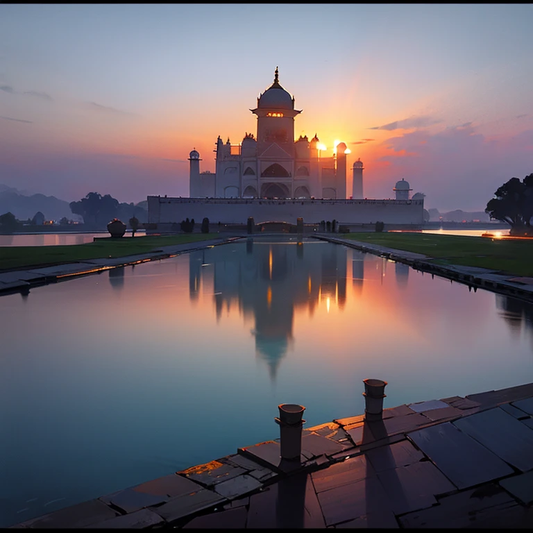 The sun sets over the Taj Mahal