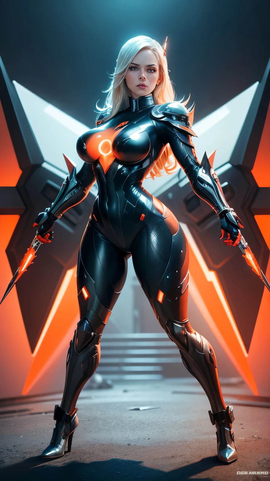 Emma Frost, germ art, full body, cyborgs, heavy mechanical torso, science fiction, full body suit, combat, Weaponsmith, Sudden Strike, Sudden Strike outfit, Full tactical, Camouflage print, powerful pose, sexy, embarrassing, large breasts, detailed, dynamic stance, gradient background, intricate texturing, immaculate details, , iconic character design, nuanced shading, empowered posing, germ art, full body, sci-fi costume, futuristic, cyberpunk, red and orange, front shot.