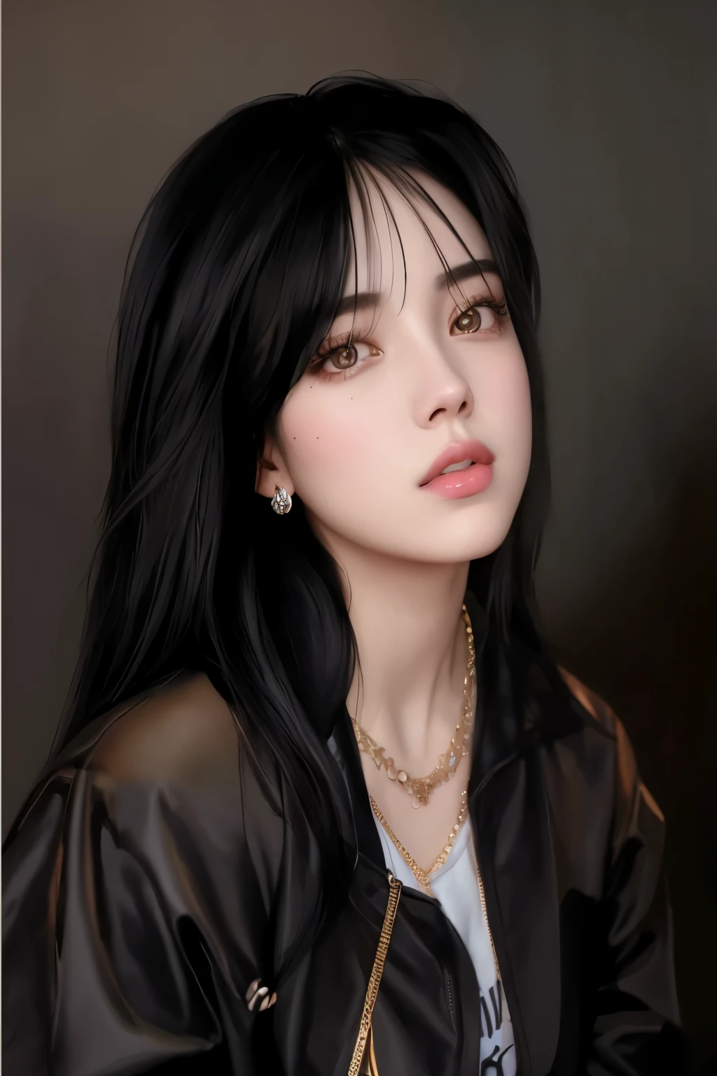 arafed image of a woman with long black hair and a necklace, in the art style of bowater, # 1 digital painting of all time, #1 digital painting of all time, billie eilish portrait, realistic artstyle, portrait of billie eilish, realism artstyle, in style of digital painting, realistic portrait, digital art of an elegant, blackpink, Lisa of blackpink, blackpink, kpop real idol