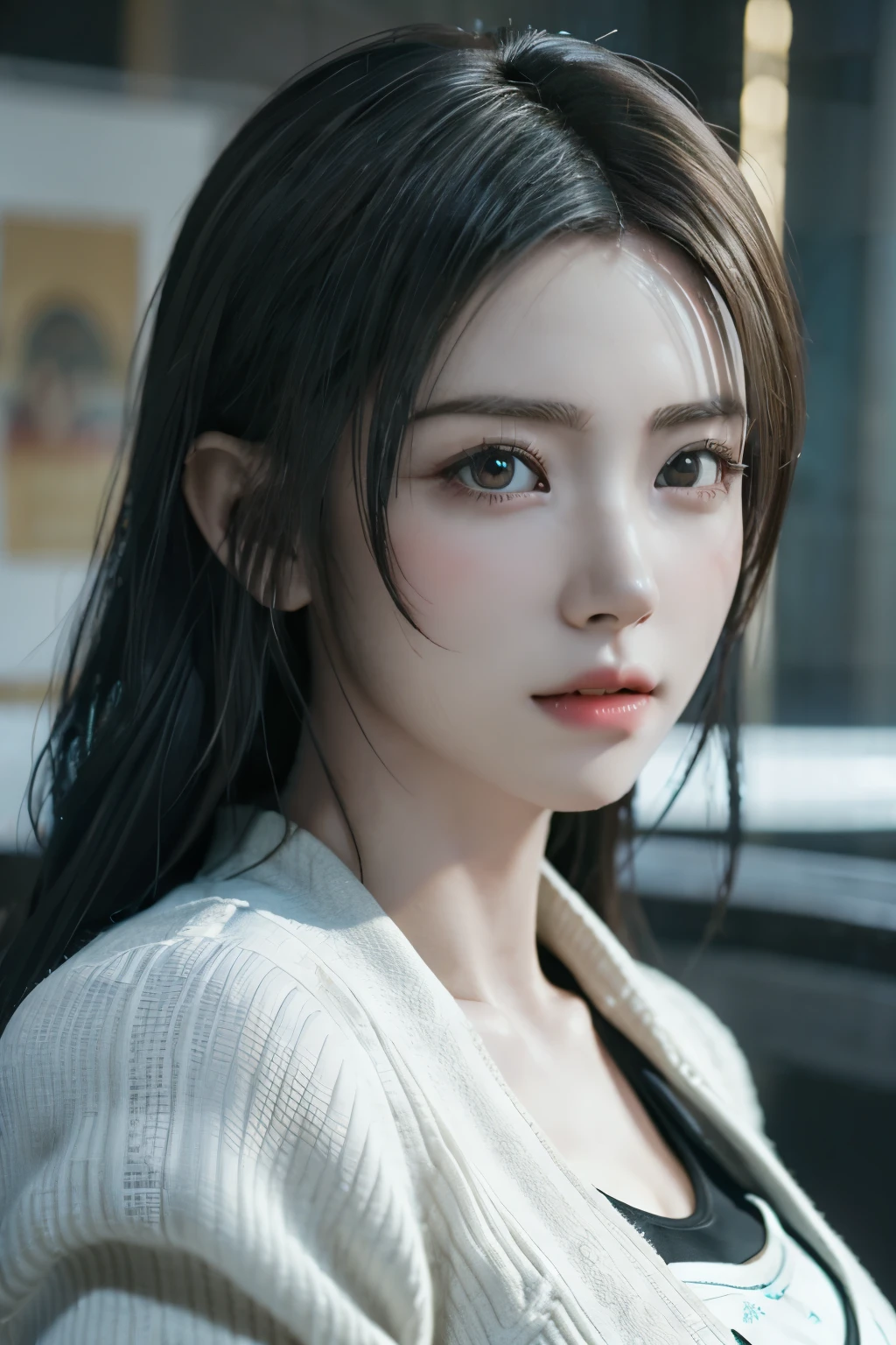 Game art,The best picture quality,Highest resolution,8K,(A bust photograph),(Portrait),(Head close-up:1.5),(Rule of thirds),Unreal Engine 5 rendering works, (The Girl of the Future),(Female Warrior), 22岁少女,(Female hackers),(Dark green gradient,Ancient Oriental hairstyle),((The pupils of the red eyes:1.3)),(A beautiful eye full of detail),(Big breasts),(Eye shadow),优雅迷人,冷漠,((Anger)),(Cyberpunk jacket full of futuristic look,Joint Armor,There are exquisite Chinese patterns on the clothes,A flash of jewellery),赛博朋克人物,未来风格, 拍照姿势,城市背景,Movie lights,Ray tracing,Game CG,((3D Unreal Engine)),oc渲染反射纹