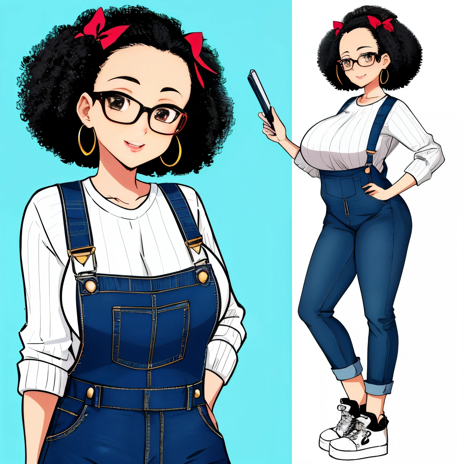 anime woman、highest quality:1.2),detailed face, lady、Glasses、Afro、short hair、very short hair、curly hair、Forehead、Ribbon on the head、big earrings、passion、big breasts, big ass, Denim Overalls、sweater、sneakers、whole body