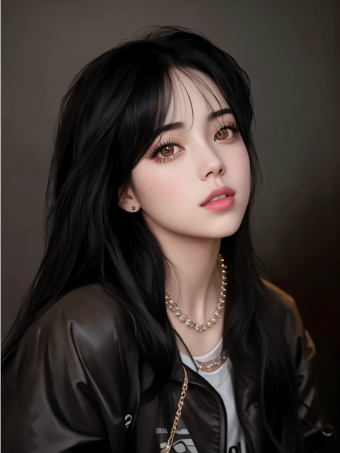 arafed image of a woman with long black hair and a necklace, in the art style of bowater, # 1 digital painting of all time, #1 digital painting of all time, billie eilish portrait, realistic artstyle, portrait of billie eilish, realism artstyle, in style of digital painting, realistic portrait, digital art of an elegant, blackpink, Lisa of blackpink, blackpink, kpop real idol