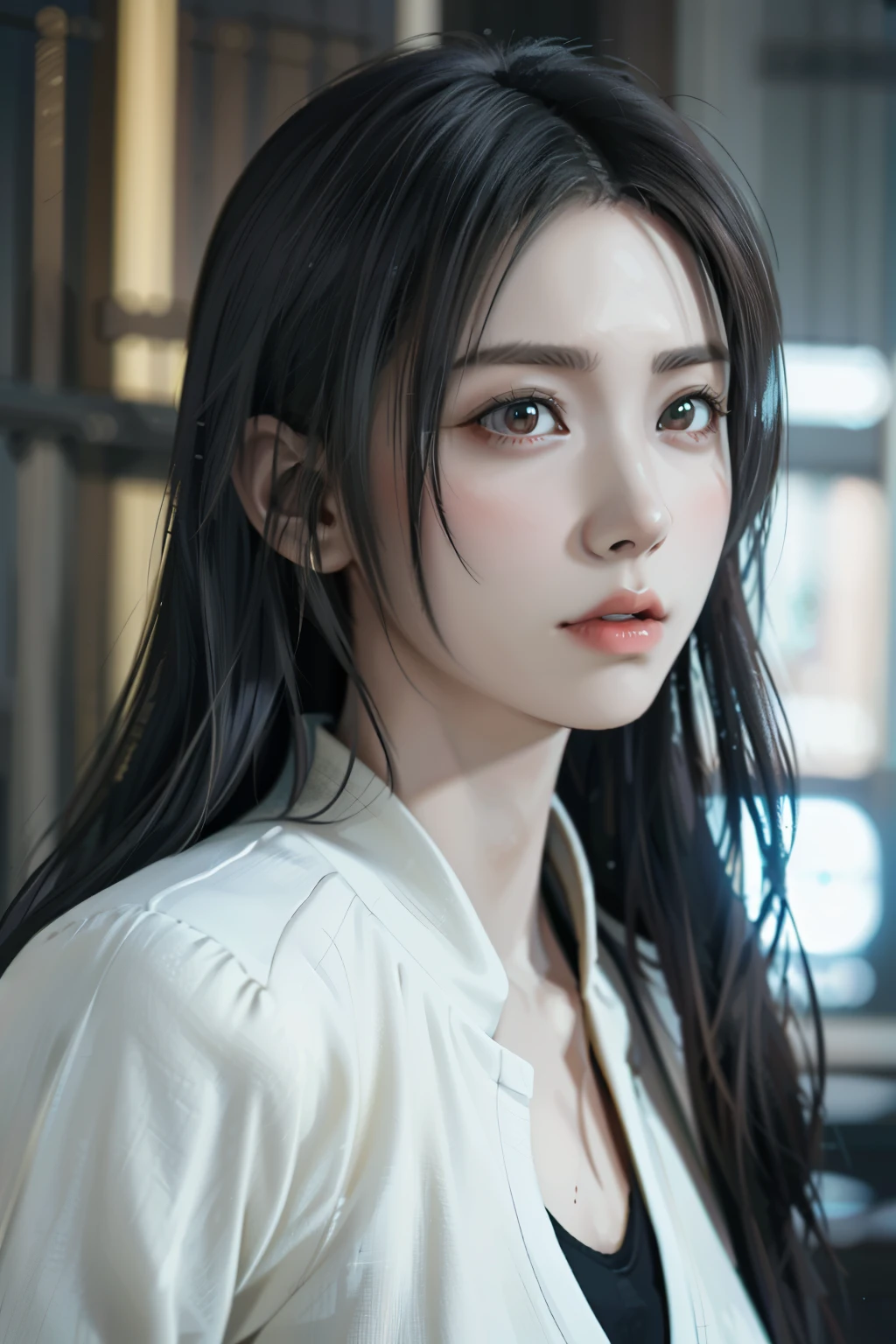 Game art,The best picture quality,Highest resolution,8K,(A bust photograph),(Portrait),(Head close-up:1.5),(Rule of thirds),Unreal Engine 5 rendering works, (The Girl of the Future),(Female Warrior), 22岁少女,(Female hackers),(Dark green gradient,Ancient Oriental hairstyle),((The pupils of the red eyes:1.3)),(A beautiful eye full of detail),(Big breasts),(Eye shadow),优雅迷人,冷漠,((Anger)),(Cyberpunk jacket full of futuristic look,Joint Armor,There are exquisite Chinese patterns on the clothes,A flash of jewellery),赛博朋克人物,未来风格, 拍照姿势,城市背景,Movie lights,Ray tracing,Game CG,((3D Unreal Engine)),oc渲染反射纹