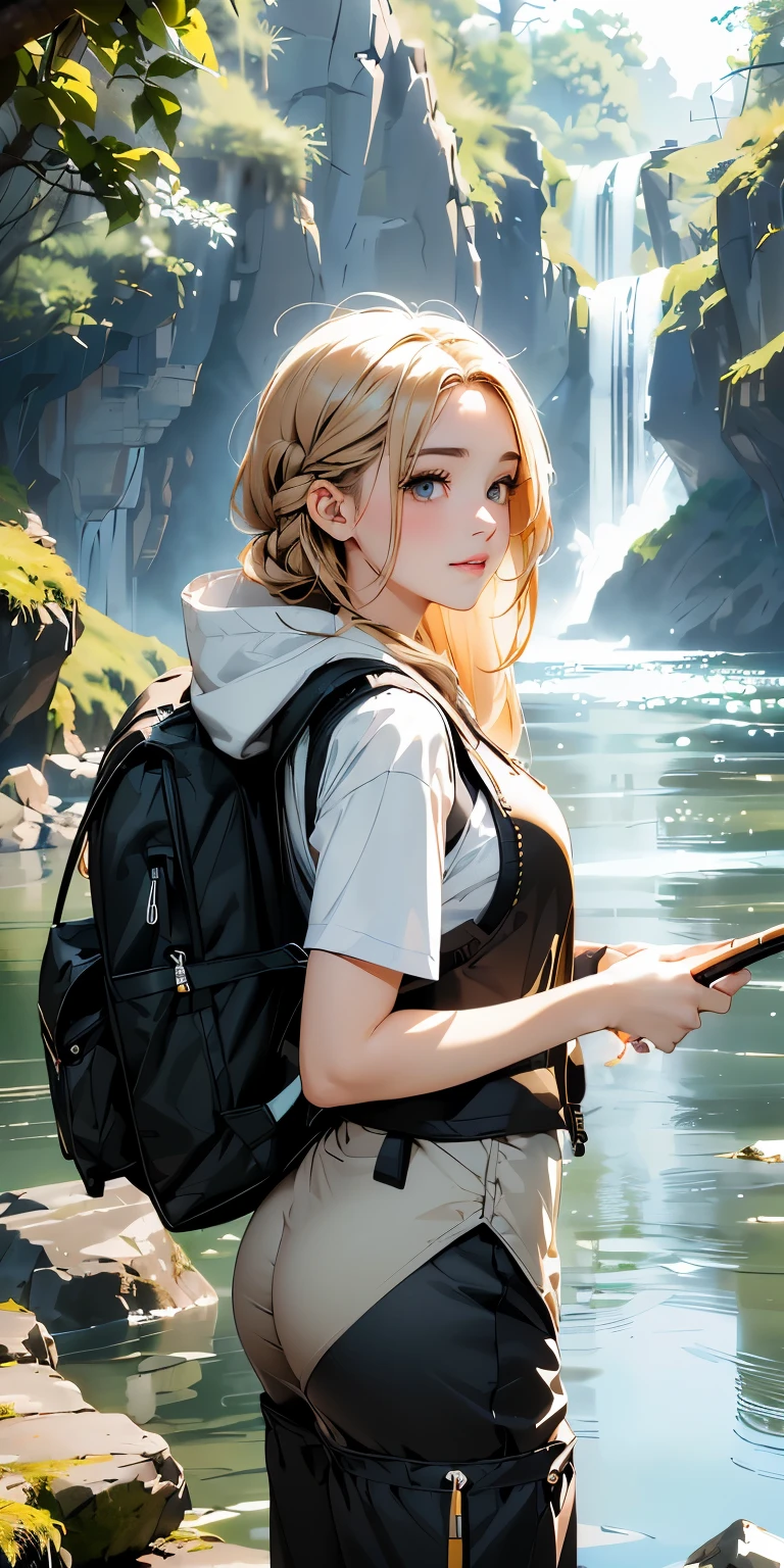 masterpiece、High resolution 8K、sharp focus、contrast lighting、ultra high resolution、ultra high resolution、Detailed CG、Low angle from the front、full body shot、Beautiful woman、beautiful eyes、(detailed face and iace:1 2)、narrow eyes、almond eye、brown eyes、gradation eye、highlight:1.2)、(beautiful blonde、long hair、Side braided hair、asymmetrical bangs、(plump lips、glossy lips、 size) 、(oval face : 1.4)、(thin fingered arms、detailed human hand)、川でWoman Fishing、Beautiful and wide river、Flowing waterfall、rock surface、moss、forest、Mont、blue sky、Flowing clouds、vapor、mist、full body pose、Holding a fishing rod in your hand、Fishing lure rod、Outdoor Vest、hoodie、Waders、Long pants for fishing、Big backpack)、Have a long fishing rod、She points the fishing rod in her hand toward the water's surface.'surface..、Woman Fishing、naughty smile、teeth visible、Low angle from the front、cowboy shot