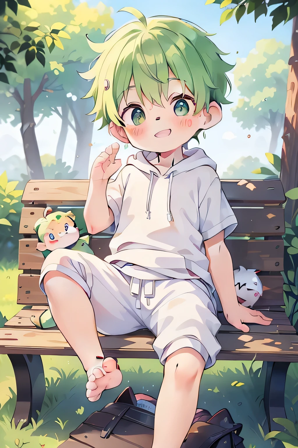 masterpiece, chubby **********s with green hair and shiny bright orange colored eyes and wearing a hoodie, and oversized Sweatpants sitting on a bench in a park showing his foot, young, boys, , small, toddler, (Sweatpants:1.4), (boys:1.5), (Shota:1.6), (young:1.4), (male:1.6), (smiling:1.4), (foot:1.6), (Shy:1.4), (blush:1.0), (short hair:1.7)white bed，