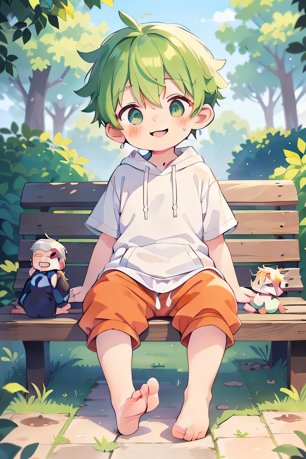 masterpiece, chubby Little boys with green hair and shiny bright orange colored eyes and wearing a hoodie, and oversized Sweatpants sitting on a bench in a park showing his foot, young, boys, , small, toddler, (Sweatpants:1.4), (boys:1.5), (Shota:1.6), (young:1.4), (male:1.6), (smiling:1.4), (foot:1.6), (Shy:1.4), (blush:1.0), (short hair:1.7)white bed，