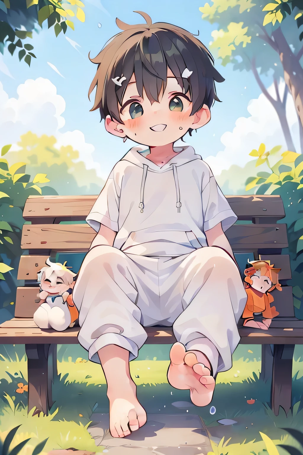 masterpiece, chubby Little boys with green hair and shiny bright orange colored eyes and wearing a hoodie, and oversized Sweatpants sitting on a bench in a park showing his foot, young, boys, , small, toddler, (Sweatpants:1.4), (boys:1.5), (Shota:1.6), (young:1.4), (male:1.6), (smiling:1.4), (foot:1.6), (Shy:1.4), (blush:1.0), (short hair:1.7)white bed，