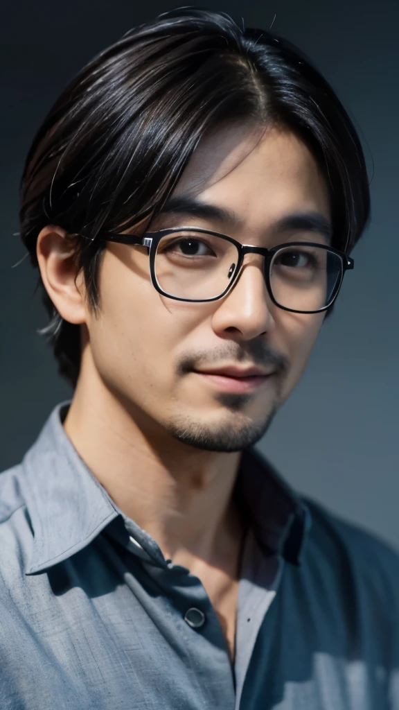 Create a high-resolution, realistic image of a 36-year-old Japanese male, upper body, looking into the camera. Features include a pair of stylish glasses, a confident, approachable smile, and short, neatly groomed hair. He should be dressed in smart casual attire, featuring a crisp button-down shirt and a blazer, which reflects his professional role as a system engineer. The overall look is complemented by a subtle, tech-inspired watch.