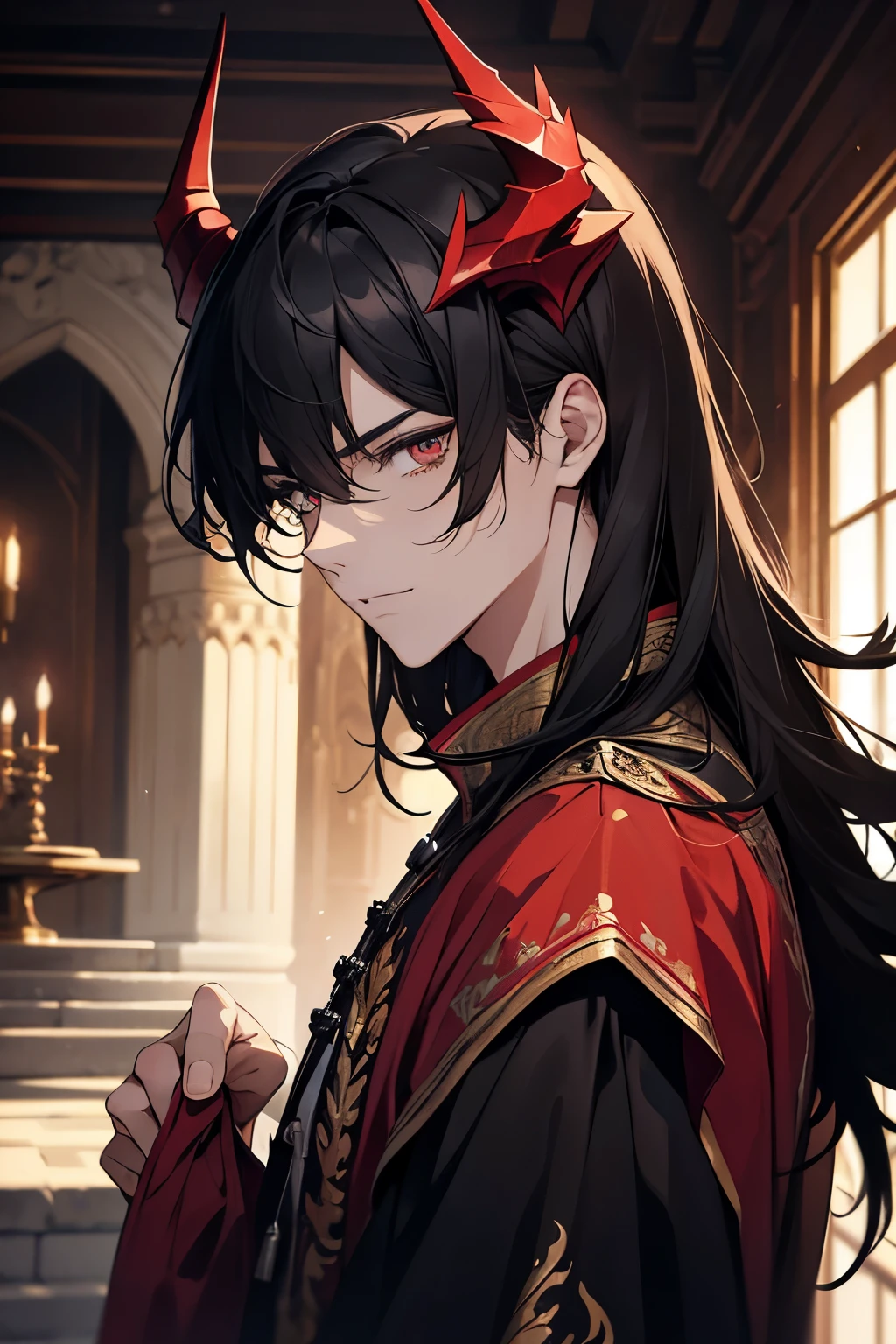 1male, stoic, age 30 face, medium length fully hair with bangs, black hair, red colored eyes, rich looking, black and red clothes, in a mansion, close up, dragon horns, dragon tail, dragon markings, baggy clothes