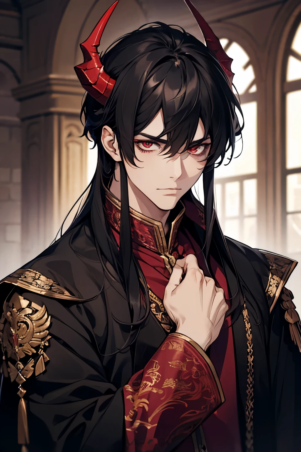 1male, stoic, age 30 face, medium length fully hair with bangs, black hair, red colored eyes, rich looking, black and red clothes, in a mansion, close up, dragon horns, dragon tail, dragon markings, baggy clothes