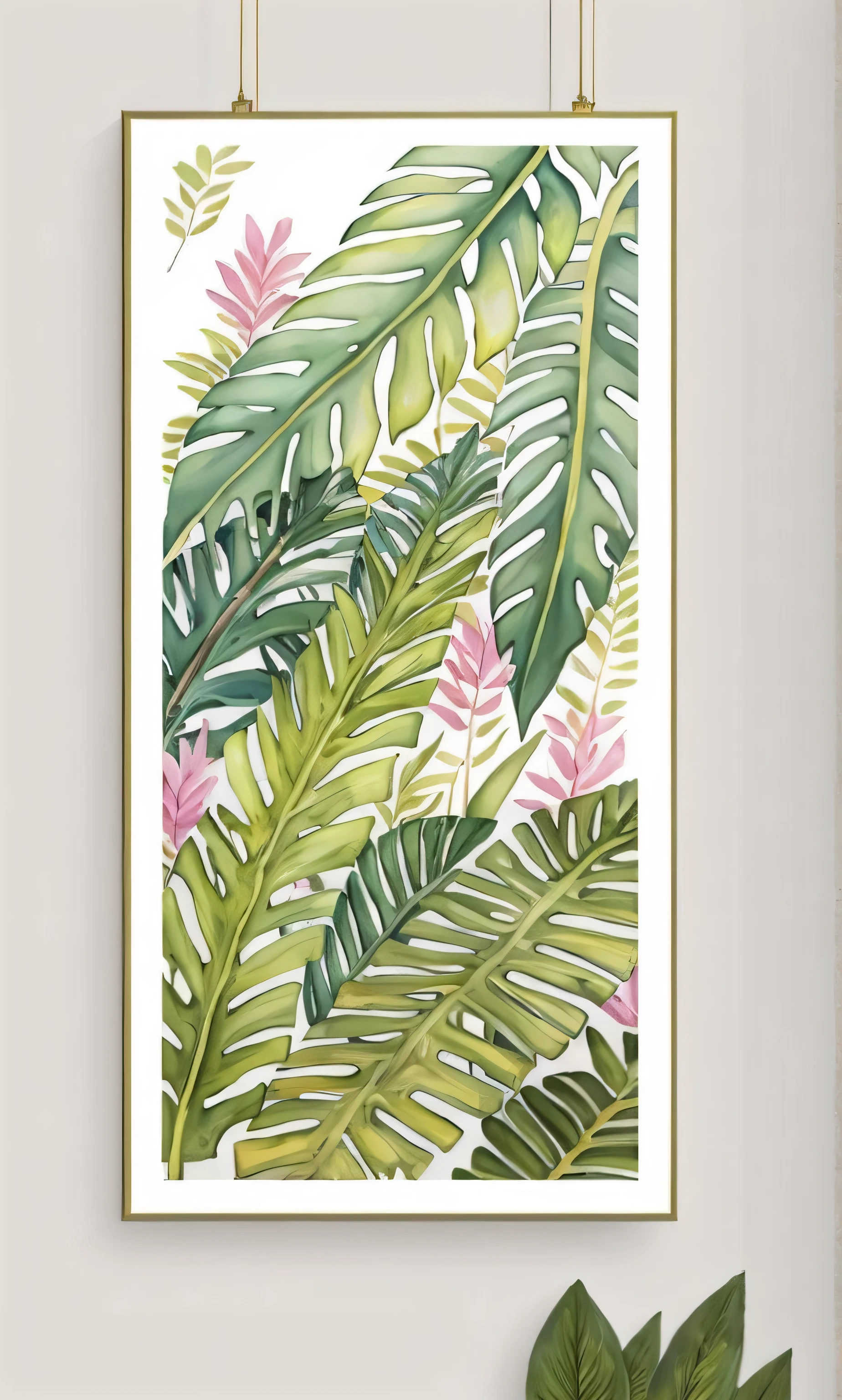 a picture of a painting of a green leaf on a wall, canvas art print, botanic foliage, big leaves, tropical leaves, high-quality art, elegant tropical prints, large leaves, canvas painting, nature painting, gold leaf painting, hanging scroll on wall, high quality painting, foliage, mysterious jungle painting, clean elegant painting, brush stroke oil painting, botanical artwork