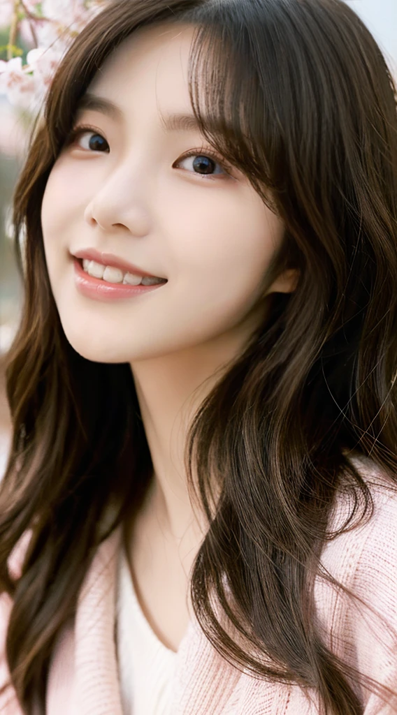 4K works , masterpiece , high-level image quality , magazine profile , everyday photos , Korean woman , realistic details , height 163cm , belt type one piece fashion , Women's fashion , Pretty Woman , Korean makeup , 30 years old , Detailed eyes and faces , Outline double eyelid , bright black eyes , textured skin , long light brown waves , angular egg shape , like a celebrity , small face , A bright smile showing teeth , soft pink lips , front view , Soft lighting and warmth , Cherry blossoms scattering , Similar to Girls’ Generation Taeyeon