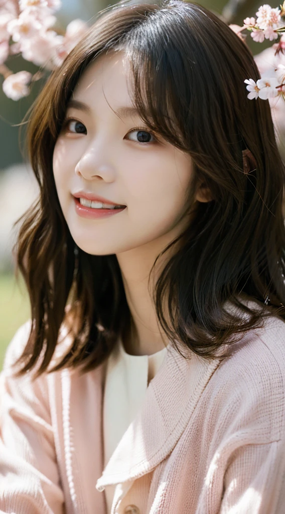 4K works , masterpiece , high-level image quality , magazine profile , everyday photos , Korean woman , realistic details , height 163cm , belt type one piece fashion , Women's fashion , Pretty Woman , Korean makeup , 30 years old , Detailed eyes and faces , Outline double eyelid , bright black eyes , textured skin , long light brown waves , angular egg shape , like a celebrity , small face , A bright smile showing teeth , soft pink lips , front view , Soft lighting and warmth , Cherry blossoms scattering , Similar to Girls’ Generation Taeyeon