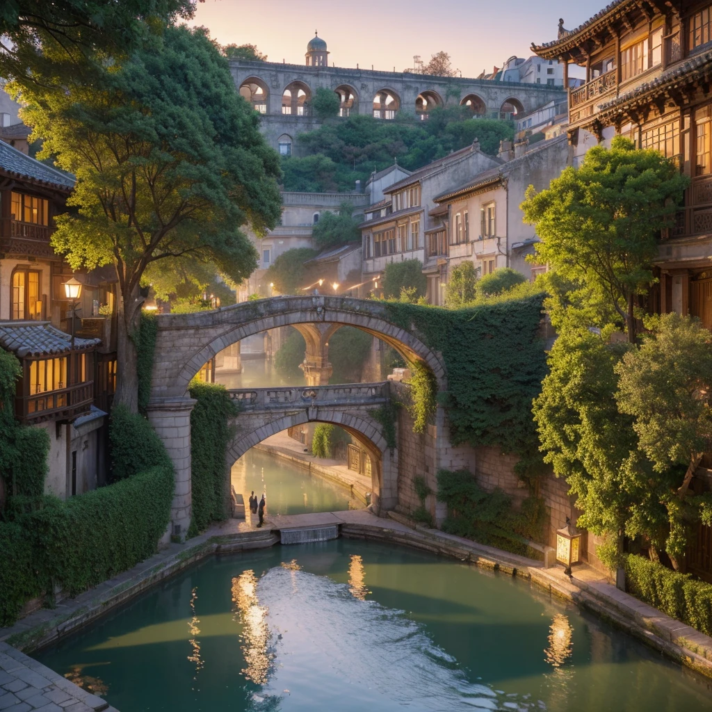 (best quality,4k,8k,highres,masterpiece:1.2),ultra-detailed,(realistic,photorealistic,photo-realistic:1.37),ancient city skyline,spectacular sunset,glowing warm colors,shimmering golden light,weathered stone architecture,historical landmarks,vibrant bustling streets,bustling marketplace,flickering lanterns reflecting in the water,exquisite carvings and statues,ornate gates and walls,enchanting narrow alleys and stairways,curved rooftops and chimneys,silhouettes of people enjoying the view,pigeons flying towards the setting sun,peaceful atmosphere,serene river flowing through the city,tranquil gardens and parks,soft breeze rustling through the trees,ancient bridge bathed in sunlight,echo of distant footsteps,cobblestone streets,traditional music floating in the air,unique local cuisine scent wafting from open windows,scattered petals adding a touch of color,ivy-covered walls creating a sense of mystery and charm,smiling faces of residents and tourists,blissful harmony between history and modernity,enchanted by the timeless beauty of the ancient city.