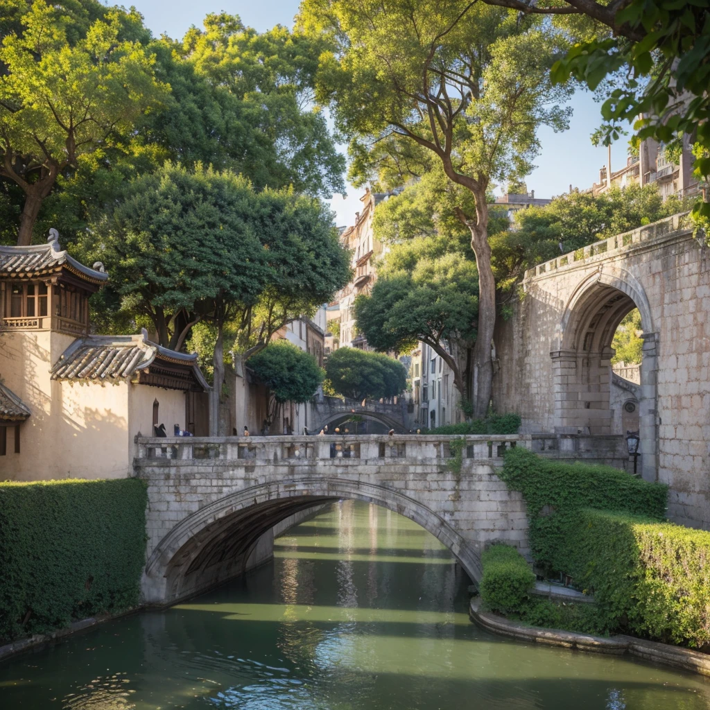 (best quality,4k,8k,highres,masterpiece:1.2),ultra-detailed,(realistic,photorealistic,photo-realistic:1.37),ancient city skyline,spectacular sunset,glowing warm colors,shimmering golden light,weathered stone architecture,historical landmarks,vibrant bustling streets,bustling marketplace,flickering lanterns reflecting in the water,exquisite carvings and statues,ornate gates and walls,enchanting narrow alleys and stairways,curved rooftops and chimneys,silhouettes of people enjoying the view,pigeons flying towards the setting sun,peaceful atmosphere,serene river flowing through the city,tranquil gardens and parks,soft breeze rustling through the trees,ancient bridge bathed in sunlight,echo of distant footsteps,cobblestone streets,traditional music floating in the air,unique local cuisine scent wafting from open windows,scattered petals adding a touch of color,ivy-covered walls creating a sense of mystery and charm,smiling faces of residents and tourists,blissful harmony between history and modernity,enchanted by the timeless beauty of the ancient city.