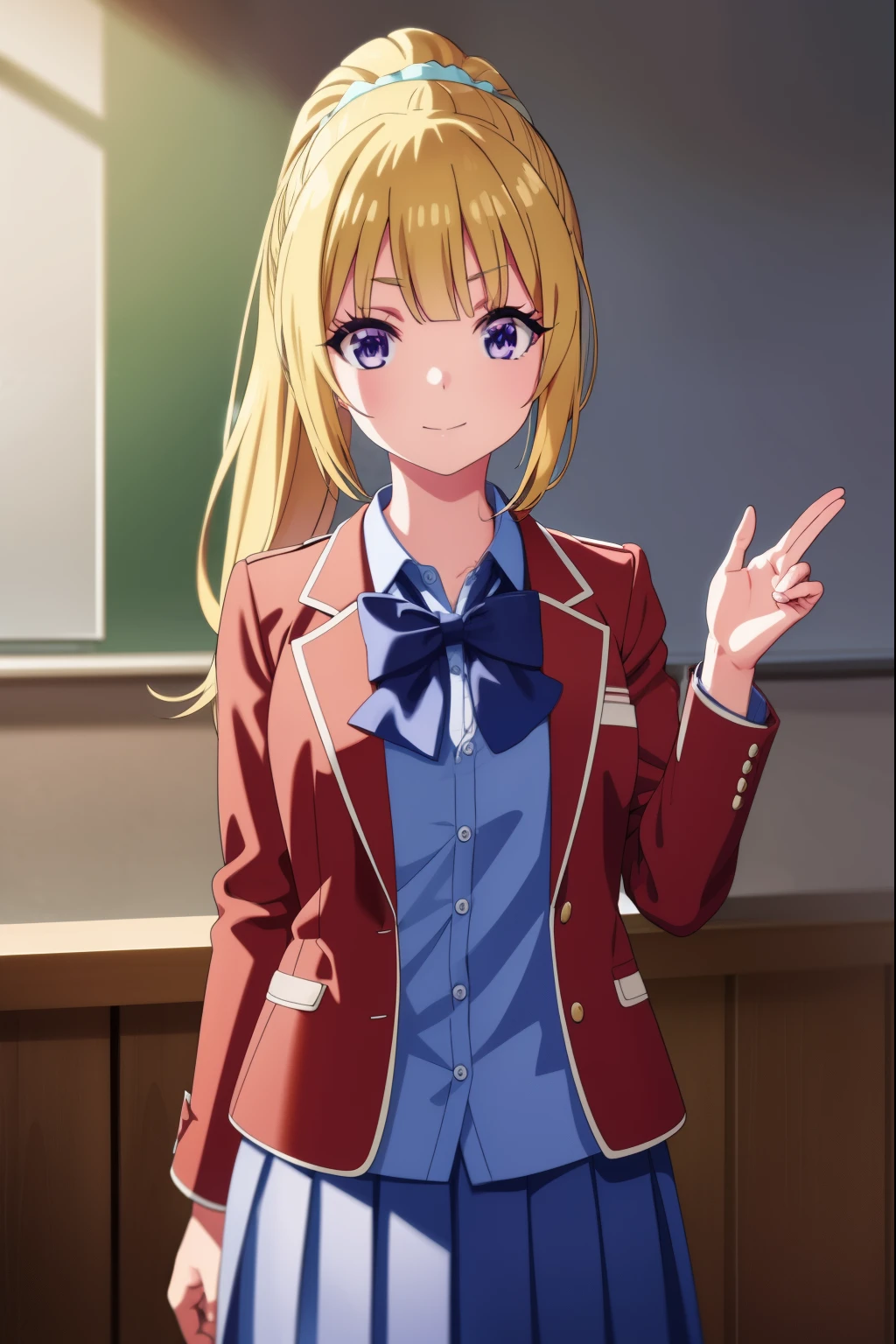 keikaruizawa, kei karuizawa, long hair, bangs, blunt bangs, (purple eyes:1.1), blonde hair, shirt, hair ornament, ponytail, scrunchie, blue scrunchie, smile,
BREAK skirt, shirt, bow, school uniform, jacket, (red jacket:1.2), pleated skirt, bowtie, sweater, (blue bow:1.2), (blue shirt:1.2),
BREAK indoors, classroom,
BREAK looking at viewer, (cowboy shot:1.5),
BREAK (masterpiece:1.2), best quality, high resolution, unity 8k wallpaper, (illustration:0.8), (beautiful detailed eyes:1.6), extremely detailed face, perfect lighting, extremely detailed CG, (perfect hands, perfect anatomy),