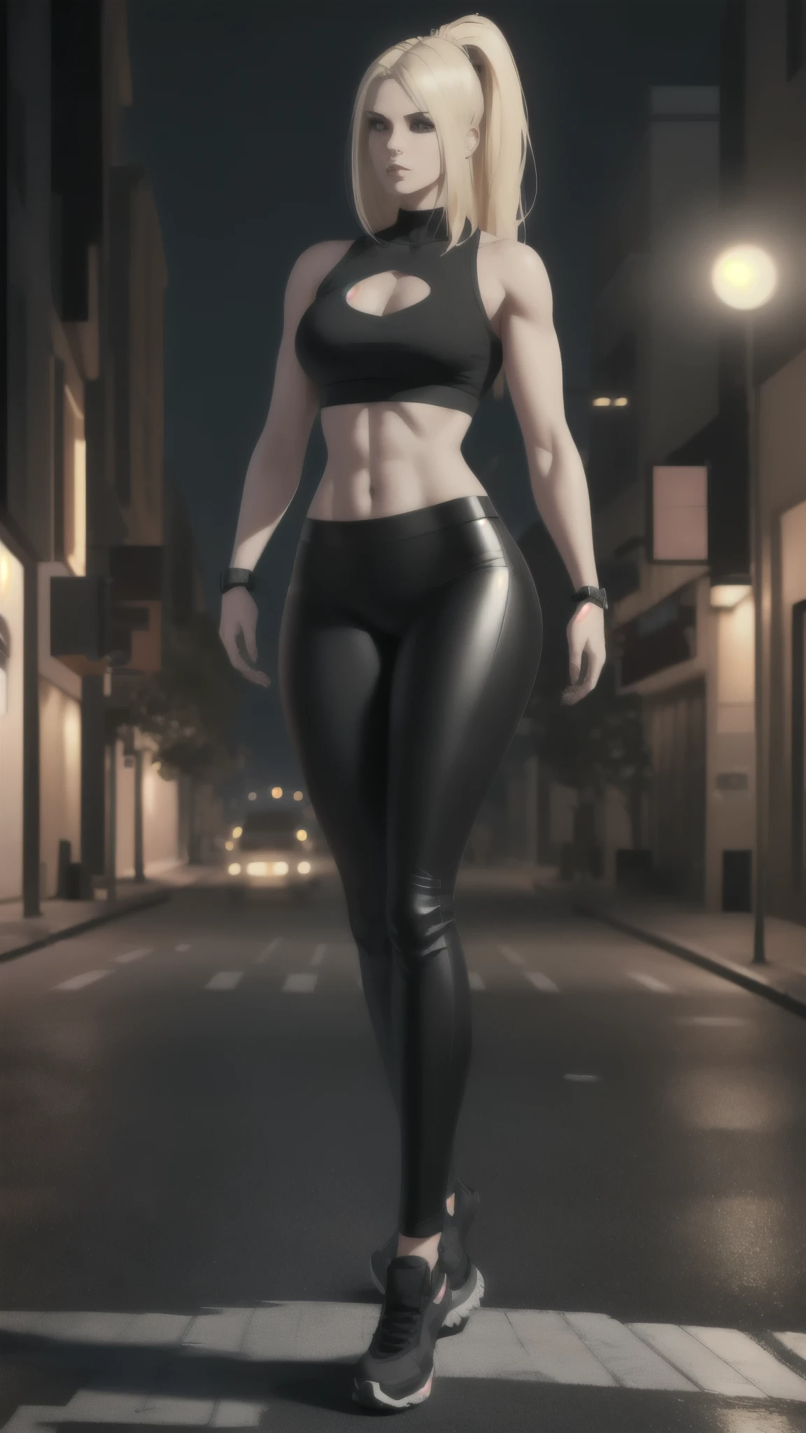 1 woman, wearing black crop top in the street, beautifull, master piece, filmic, ambient oclusion, detailed face, unreal engine 5, (1 light), dinamic lighting, intrincate, volumetric lighting, (((full body:1.1))), long read hair, night time, (skinny body:1.1),((thick thighs:0.4)), (blond hair:1.1)