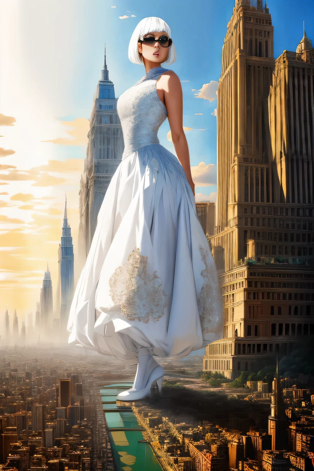 Giantの芸術, 非常に詳細なGiantショット, Giant, short hair, black pantyhose, A giant princess much bigger than a skyscraper, wearing rimless glasses, big breasts, big ass, White luxury dress, white pantyhose, white high heels, very small metropolis, miniature metropolis, full body description, GTS, ギガGiant, Stomping City, crash city, Small town, micro city, High resolution, highest quality, masterpiece, crystalline dress,