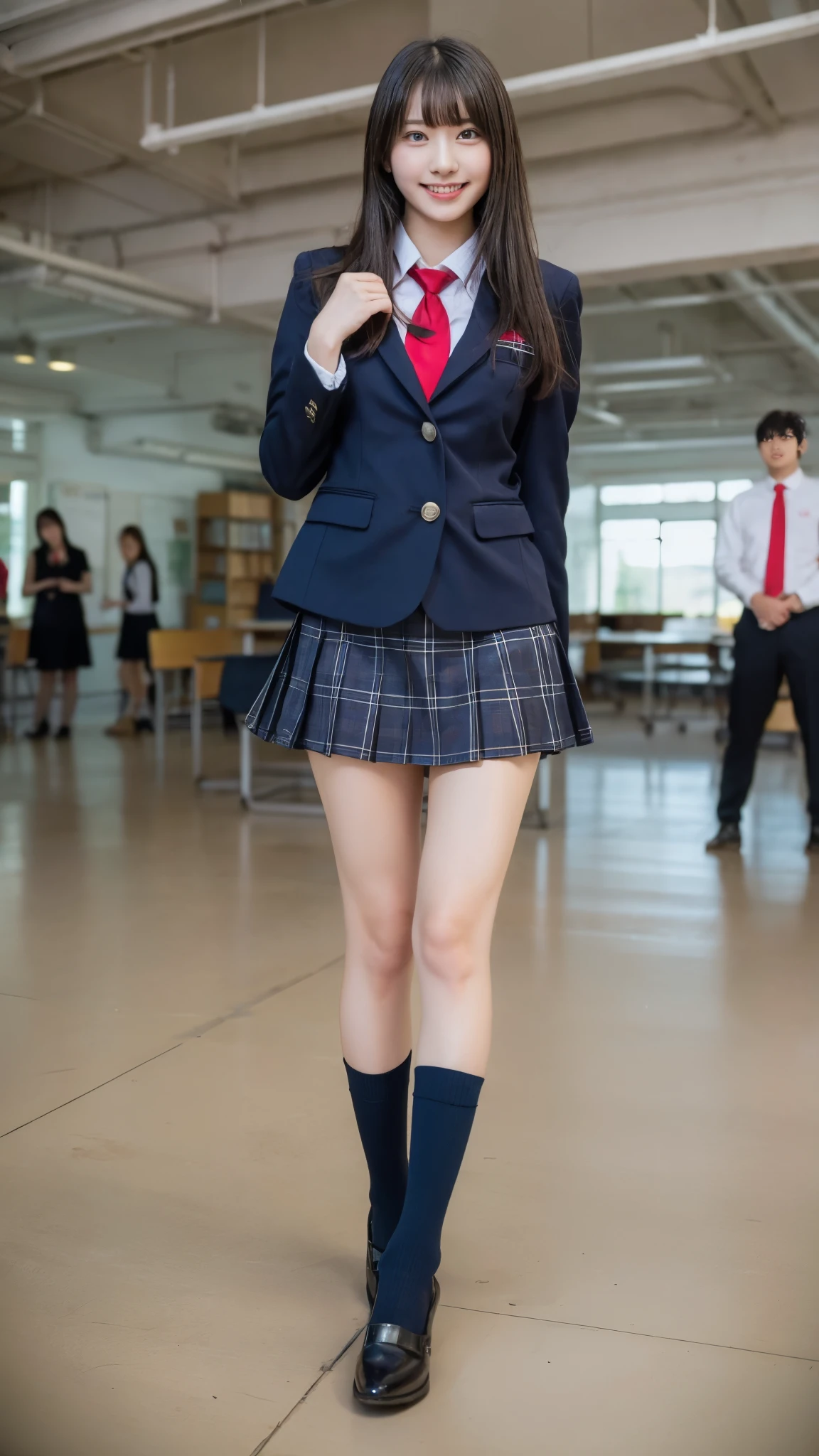 Stand in the classroom of school２girl girl,Red Tie Uniform,Dark Blue Closed Blazer,blue plaid miniskirt,18-year-old,bangs,a little smile,thighs,knees,from below，random pose，pretty girl，slender girl，