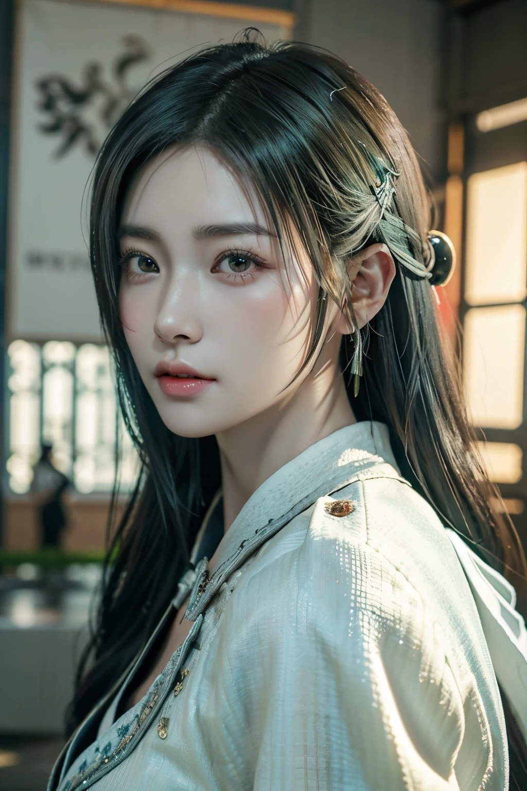 Game art,The best picture quality,Highest resolution,8K,(A bust photograph),(Portrait),(Head close-up:1.5),(Rule of thirds),Unreal Engine 5 rendering works, (The Girl of the Future),(Female Warrior), 22岁少女,(Female hackers),(Dark green gradient,Ancient Oriental hairstyle),((The pupils of the red eyes:1.3)),(A beautiful eye full of detail),(Big breasts),(Eye shadow),优雅迷人,冷漠,((Anger)),(Cyberpunk jacket full of futuristic look,Joint Armor,There are exquisite Chinese patterns on the clothes,A flash of jewellery),赛博朋克人物,未来风格, 拍照姿势,城市背景,Movie lights,Ray tracing,Game CG,((3D Unreal Engine)),oc渲染反射纹