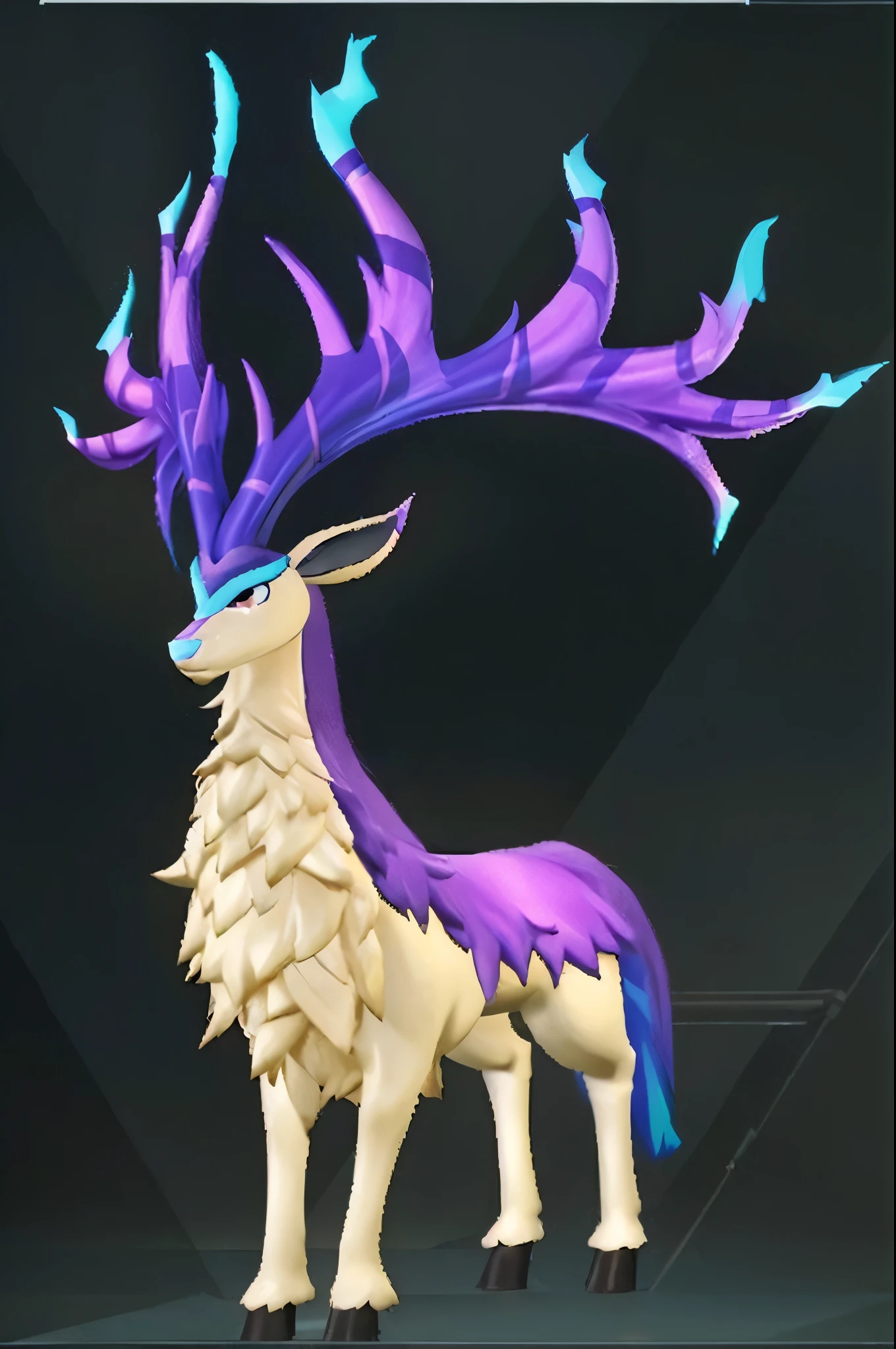 ((Pixar style:1.6))，Inspired by Pokémon’s electric creatures，Create a 3D rendering of a fantasy creature with electric properties，1 elegant and ethereal light beige cartoon giant elk，Majestic and slender figure，((Huge dark purple antlers))，Mysterious aura。Elk have smooth dark purple skin，The back has white skin and natural scaly skin。Its eyes are sharp and intelligent。Cute cartoon elk stands proudly in the enchanted forest，The huge antlers and slender body are even more prominent against the surrounding ethereal light and faint shimmer.，Highlighting its magical nature。