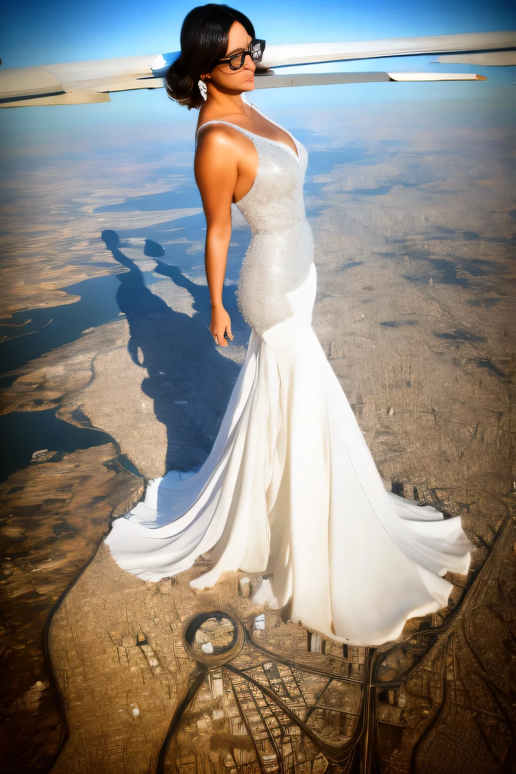 Giantの芸術, 非常に詳細なGiantショット, Giant, short hair, black pantyhose, A giant princess much bigger than a skyscraper, wearing rimless glasses, big breasts, big ass, White luxury dress, white pantyhose, white high heels, very small metropolis, miniature metropolis, full body description, GTS, ギガGiant, Stomping City, crash city, Small town, micro city, High resolution, highest quality, masterpiece, crystalline dress,