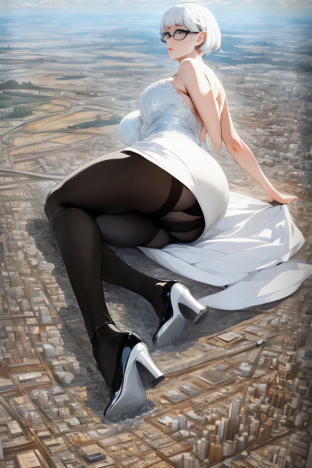 Giantの芸術, 非常に詳細なGiantショット, Giant, short hair, black pantyhose, A giant princess much bigger than a skyscraper, wearing rimless glasses, big breasts, big ass, White luxury dress, white pantyhose, white high heels, very small metropolis, miniature metropolis, full body description, GTS, ギガGiant, Stomping City, crash city, Small town, micro city, High resolution, highest quality, masterpiece, crystalline dress,