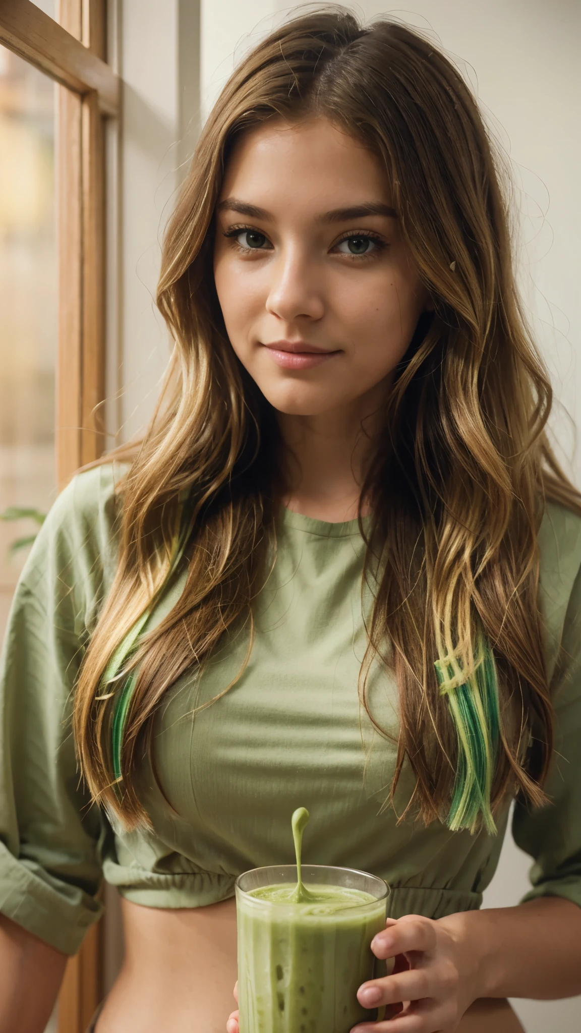 Girl hair brown and blond wavy hair, matcha morning