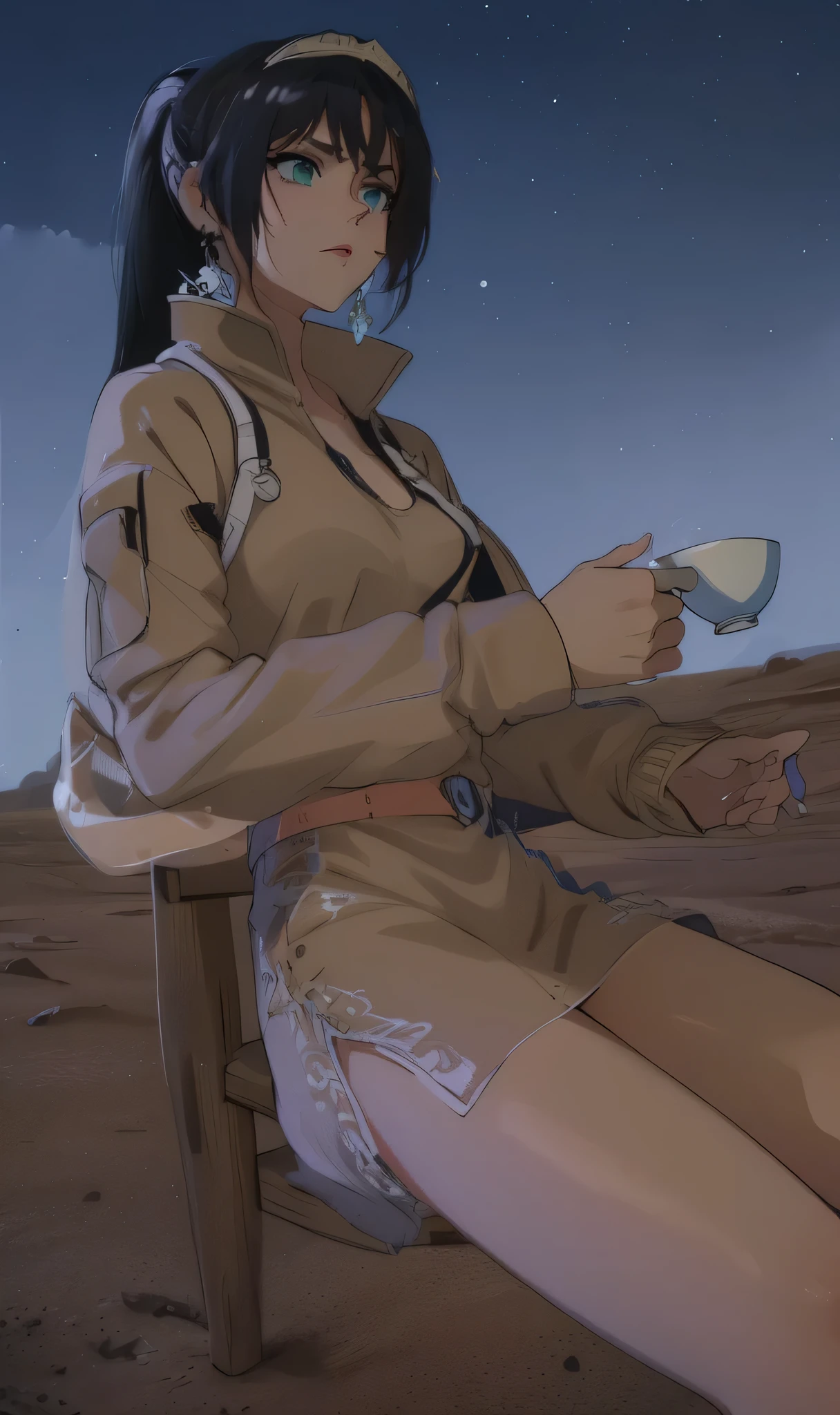 there is a woman sitting on a chair with a teacup in her hand, drinking tea, is ((drinking a cup of tea)), at the desert, somewhere in sands of the desert, holding a teacup, dune style, ethereal vaporous tan skin, mysterious coffee shop girl, cinematic detail, in desert, elite dangerous 💙💜 ornate ︎, desert setting ((masterpiece, highest quality)), green eyes