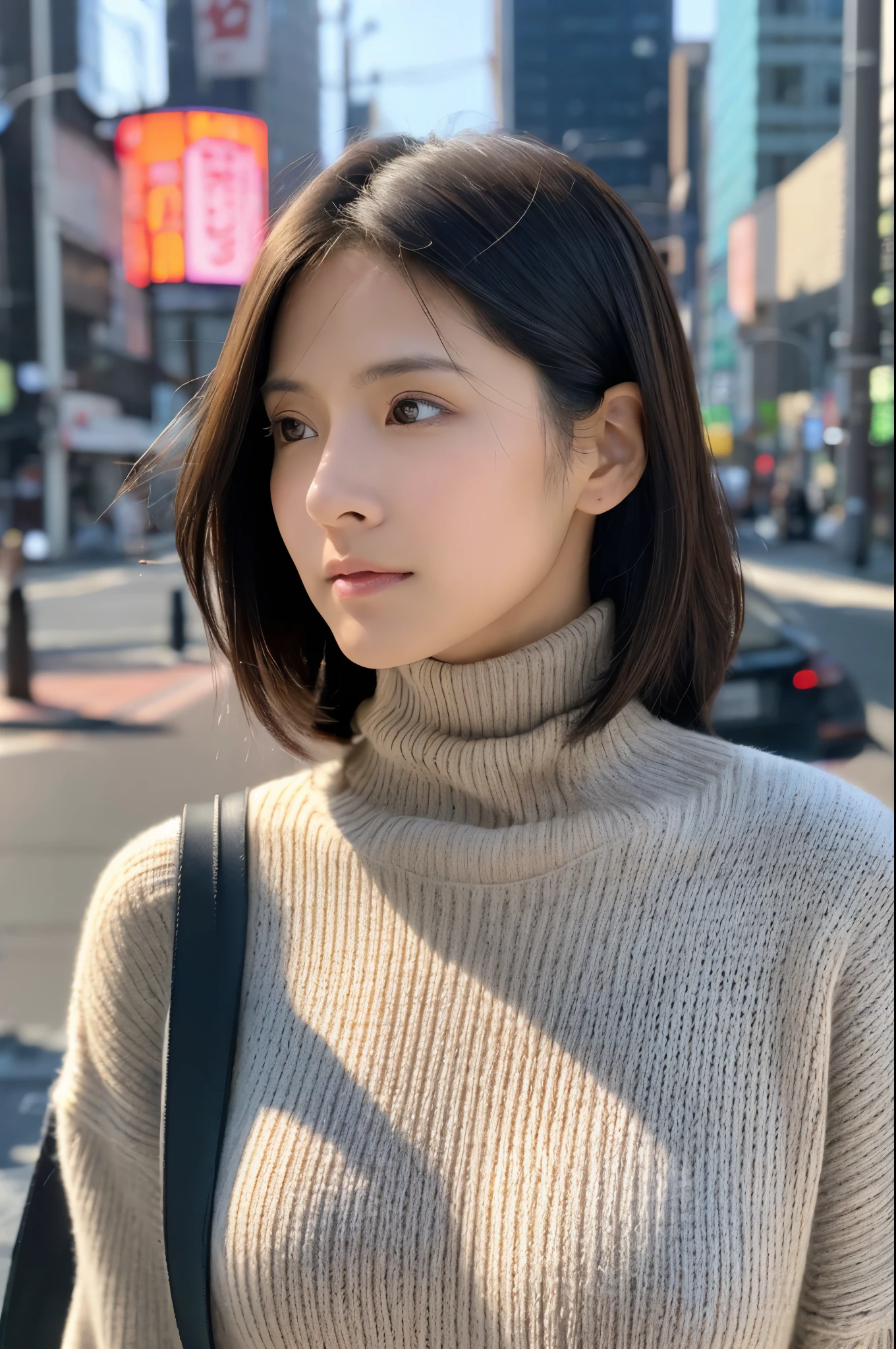 two women、identical twin sisters、Same face, completely indistinguishable、cute、(huge tit、Turtleneck knitwear、shoulder bag)、(highest quality,masterpiece:1.3,Super high resolution,),(super detailed,caustics),(Photoreal:1.4,RAW shooting,)ultra-realistic capture,very detailed,High resolution 16K resolution for human skin、 Natural skin texture、、Skin looks even-toned and healthy、 Use natural light and color, Japanese,black haired,middle hair,(Depth of bounds written、chromatic aberration、、wide range of lighting、natural shading、)、(hair swaying in the wind:1.2)、Tokyo cityscape