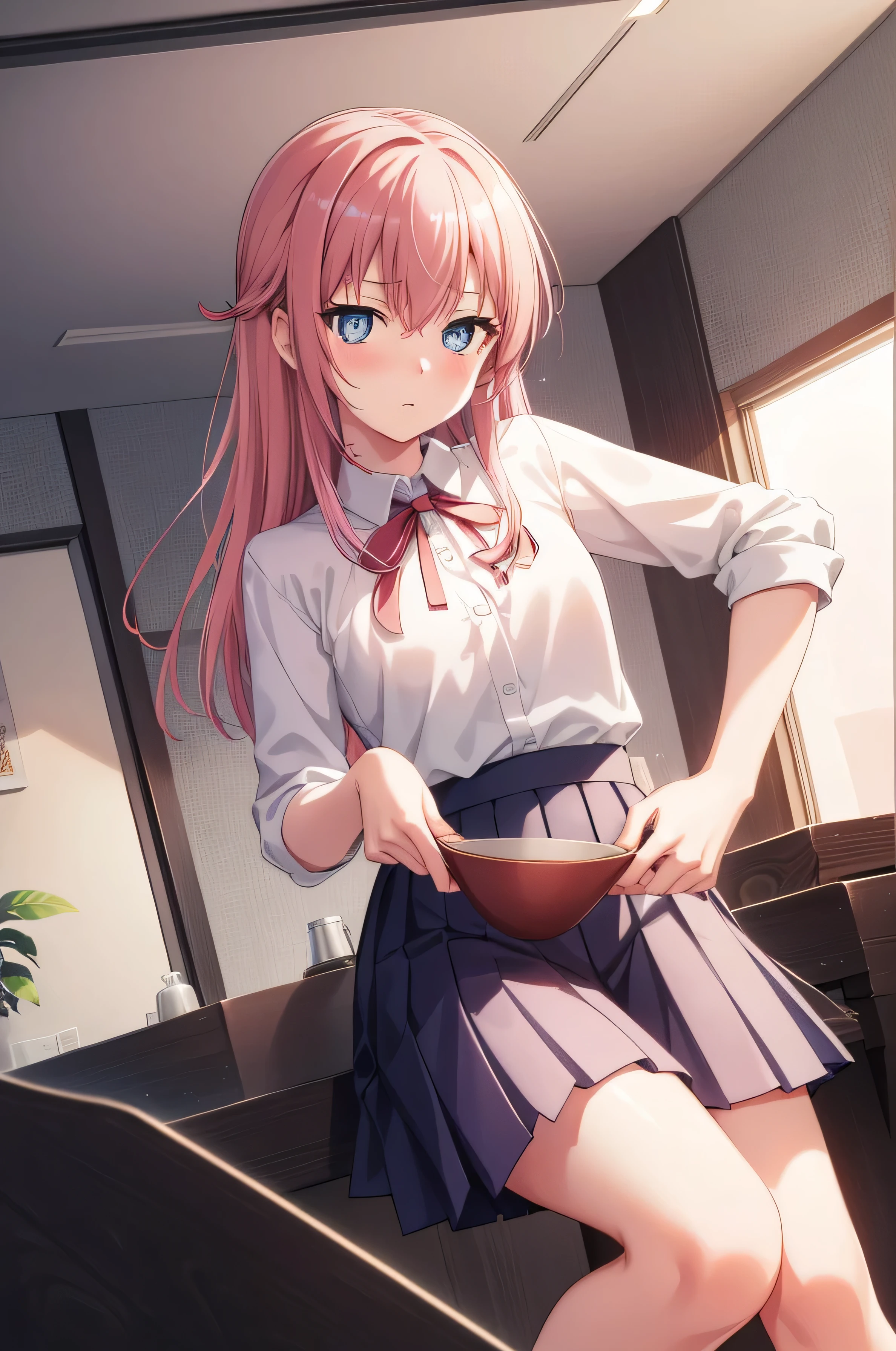 Gong Yueshou, Fusendu, long hair, blue eyes, hair between eyes, pink hair,
rest skirt, shirt, uniform, white shirt, pleated skirt, collared shirt, sweater, gray skirt, ribbon, red ribbon,
rest looking at viewer,
rest indoors, classroom,
rest (masterpiece:1.2), best quality, high resolution, unified 8k wallpaper, (illustration:0.8), (beautiful and delicate eyes:1.6), extremely detailed face, perfect lighting, Extremely detailed CG, (perfect hands, perfect anatomy),