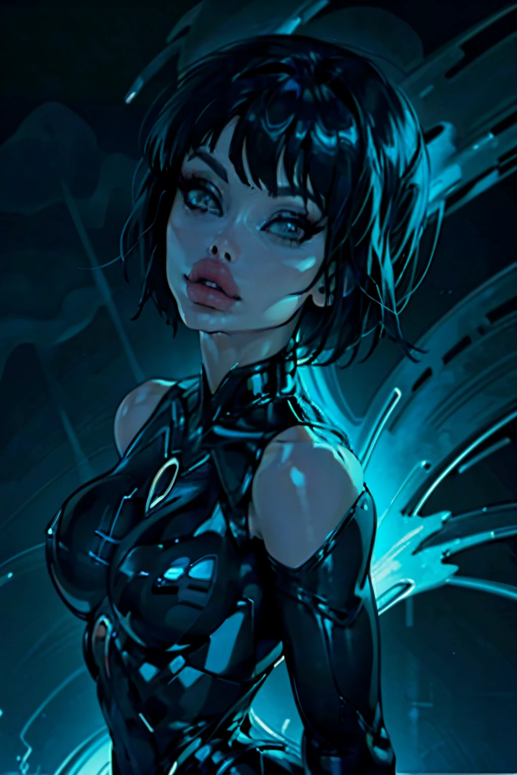 Generate a realistic illustration of a mature woman (Thepit style), ((dark blue and black body)), black hands, (Aletta ocean face), (detailed face), (black hair), (black eyes ), de terno preto, , ((black hair)), ((dark blue and black torso)), (slendered abs), glossy body, (dark blue breasts), dark blue body made of digital electrodes in anime format with a serious style, shiny skin, perfect skin, detailed face, defined cheekbones, puffy lips, ((nighttime)), blue legs, black arms, ((digital body)), gothic make up, masterpiece, dark lighting, black background, ((ambient light)), puffy lips,slendered hips, (hip dips), beautiful face,