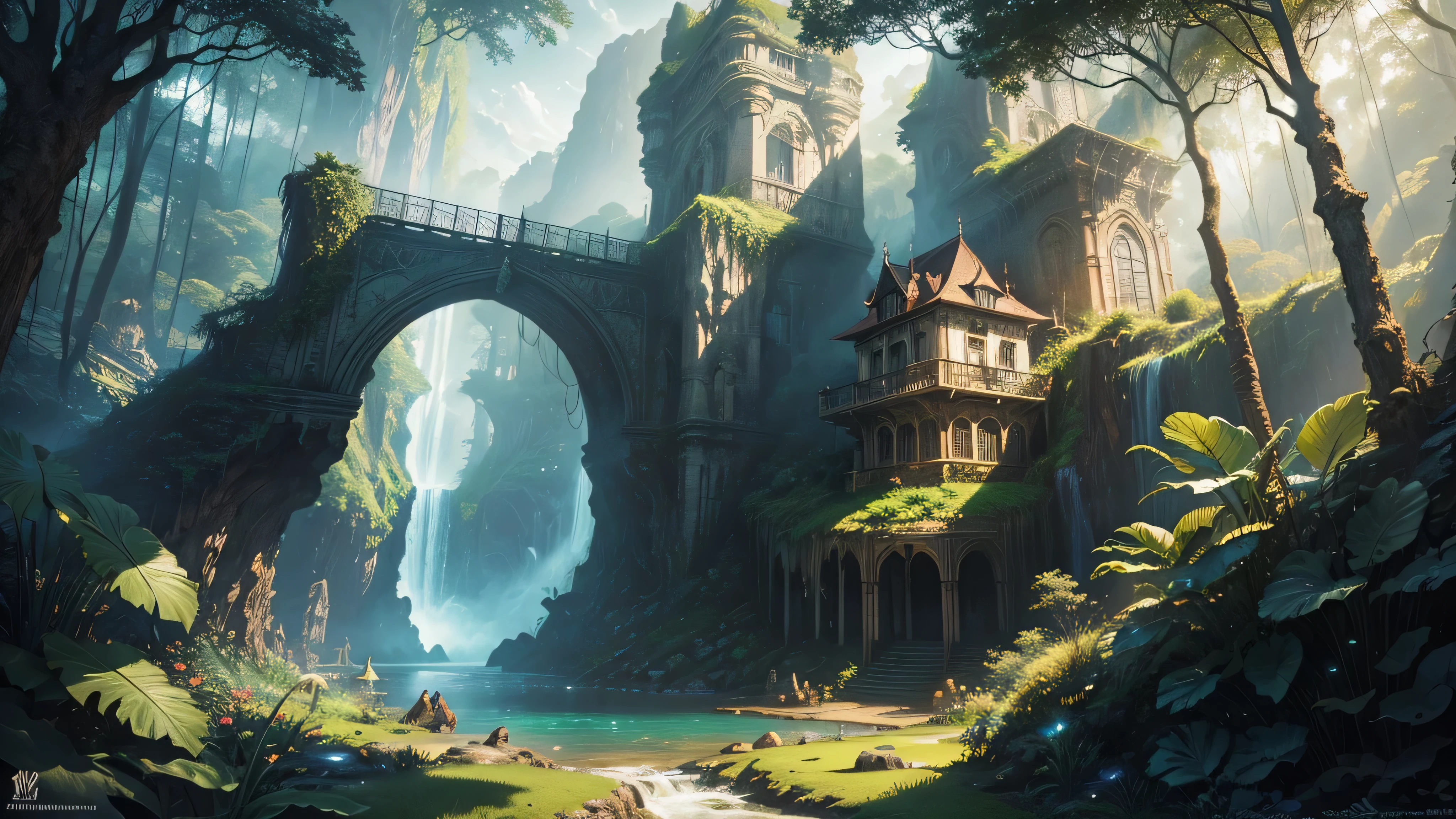There is a waterfall in the middle of a tropical jungle, bela fantasia detalhada, fantasia altamente detalhada, fantasy scenic, arte digital de fantasia detalhada, Arte digital de fantasia 2D, arte digital detalhada de fantasia 2D, impressive paisagem de fantasia, fantasy pictorial style, arte estilo fantasia, medieval paisagem de fantasia, paisagem de fantasia, realistic fantasy illustration, Arte de fantasia 4k, cidade de fantasia